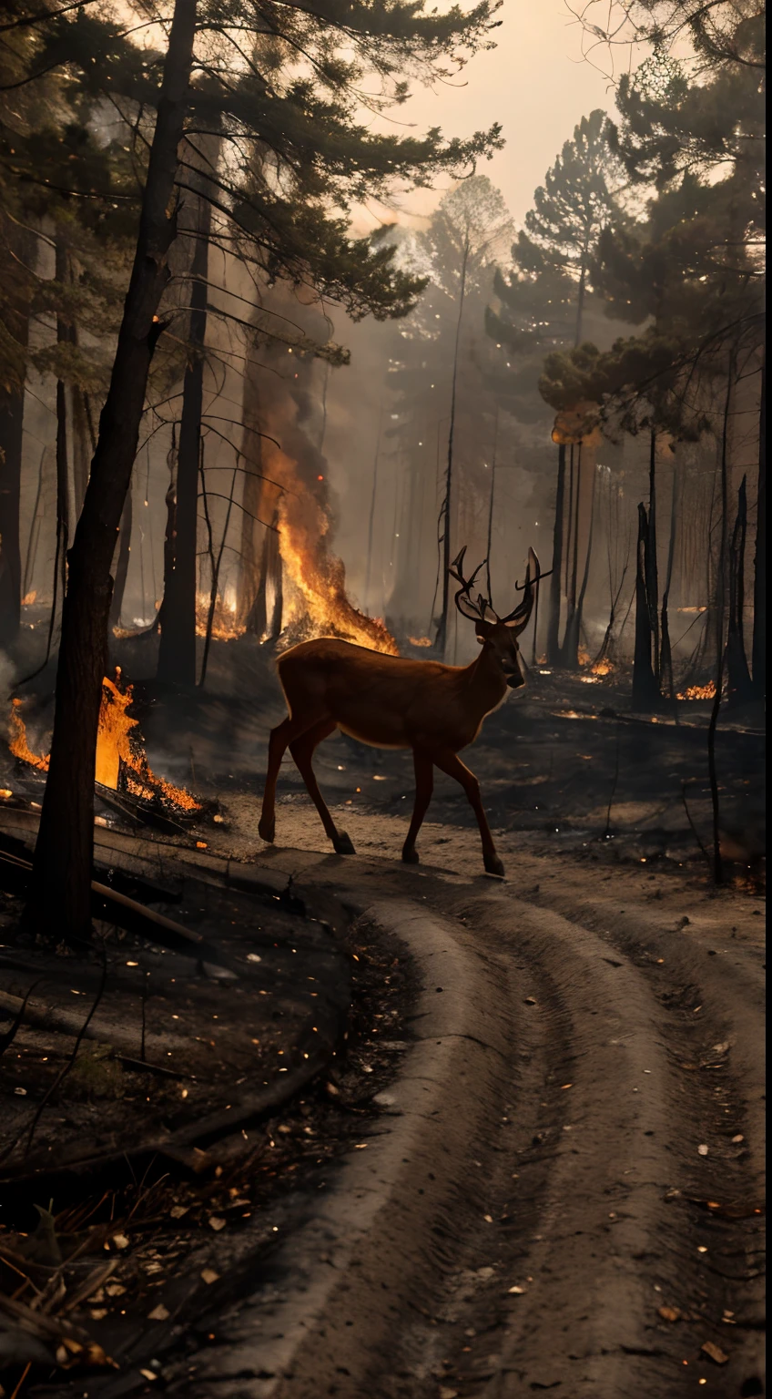 Forest fire, Forest fires, forest animals running away from the burning forest, there are deer burning in the fire, all kinds of animals look panicked, all animals run away from the burning forest