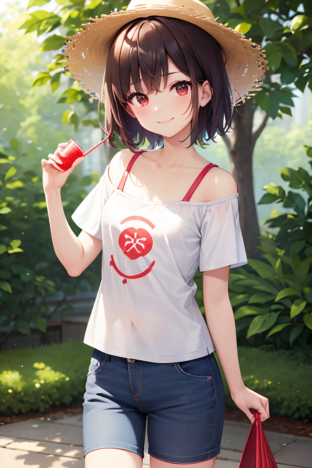 Summer Park、tshirts、Sexy、shortpants、Red straw hat、A smile、Red cheeks、Cute little beautiful face of 18 years old shining,Cute beauty、A dark-haired、Bery short hair,Small-faced beauty,White fair skin,Glossy skin,Pale black eyes and bright, Dazzling and beautiful light、Stand as if dancing