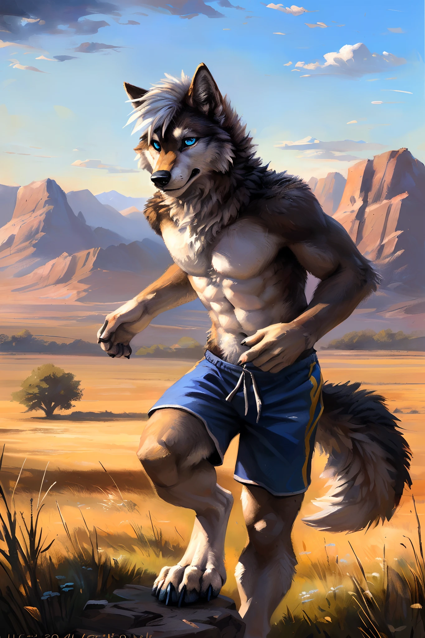 ((Solo)), male people, anthro wolf, (Multi-colored fur, White-brown:1.3,White tail pointed), ((Wolf face, White hair, Big eyes, White eyelids, Blue pupil, Slim:1.2) (Tough, Calm expression:1.2)), Abs, Slim, pinging)), (Correct anatomy), (Work shorts:1.1), The upper body is naked, (detailed outfits),A long big tail,Feet,(Realistic fur, Detailed fur texture, labeled:1.3)), (Natural lighting), Photorealistic, Hyperrealistic, ultradetailed, by Kenket,Endless grasslands,There are no trees,There are no big stones,No artificiality,erect through,Running on
