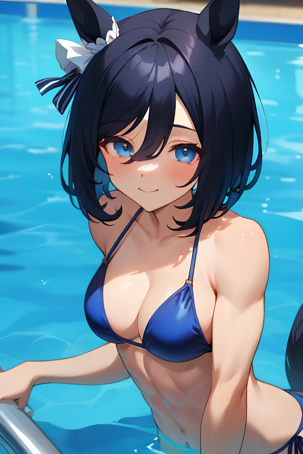 eishin flash \(umamusume\), (ultra-detailed face), upper body, masterpiece, best quality, muscular girl, abs, bikini, , horse tail, pool,, light smile, detailed eyes, frontage