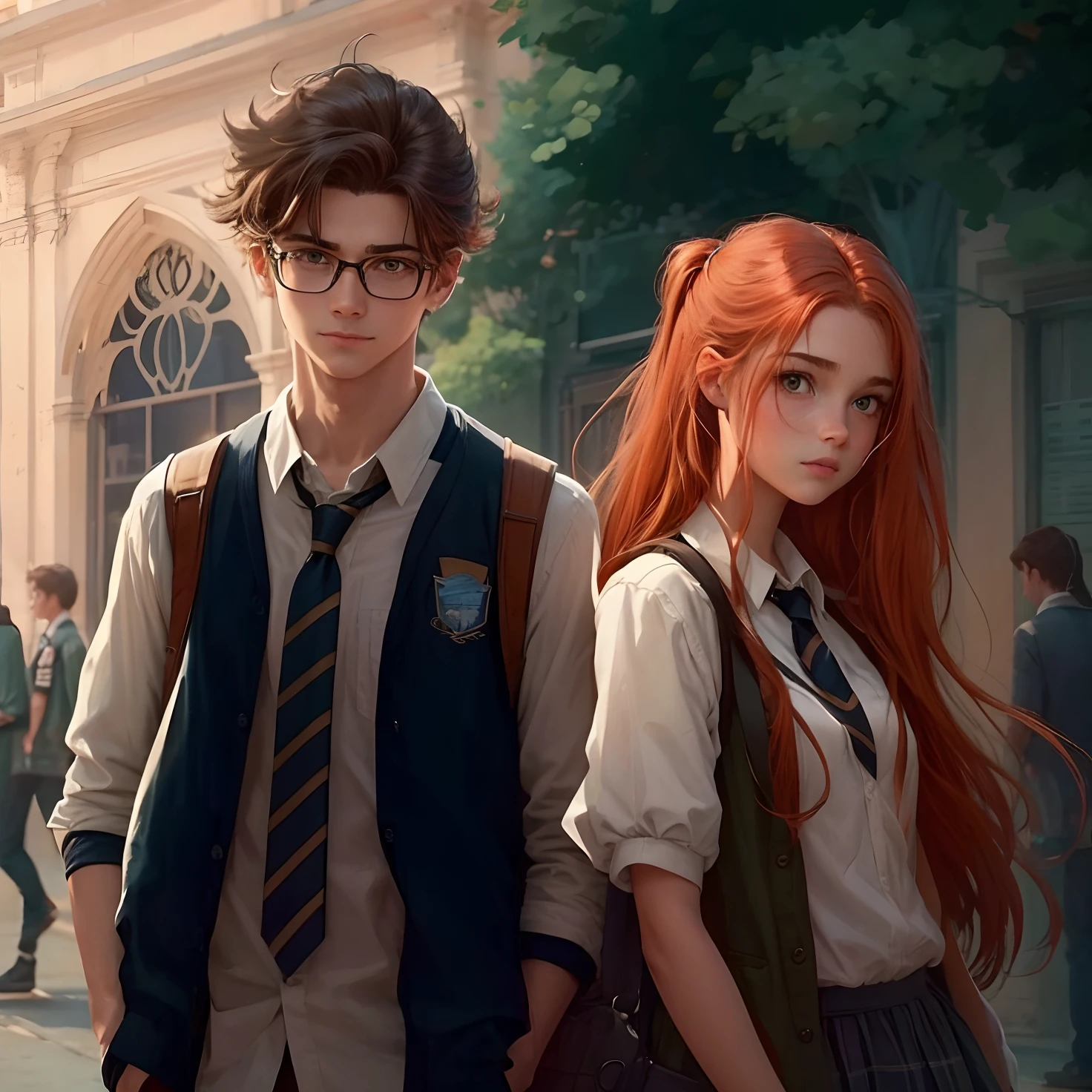 's Movie Poster, Teen Movoster, 1 garoto e 1 garota, um garoto de cabelo preto e, uniforme escolar, escola, garota de longos cabelos vermelhos, garota com uniforme escolar, cabelo vermelho, uniforme escolar, escola