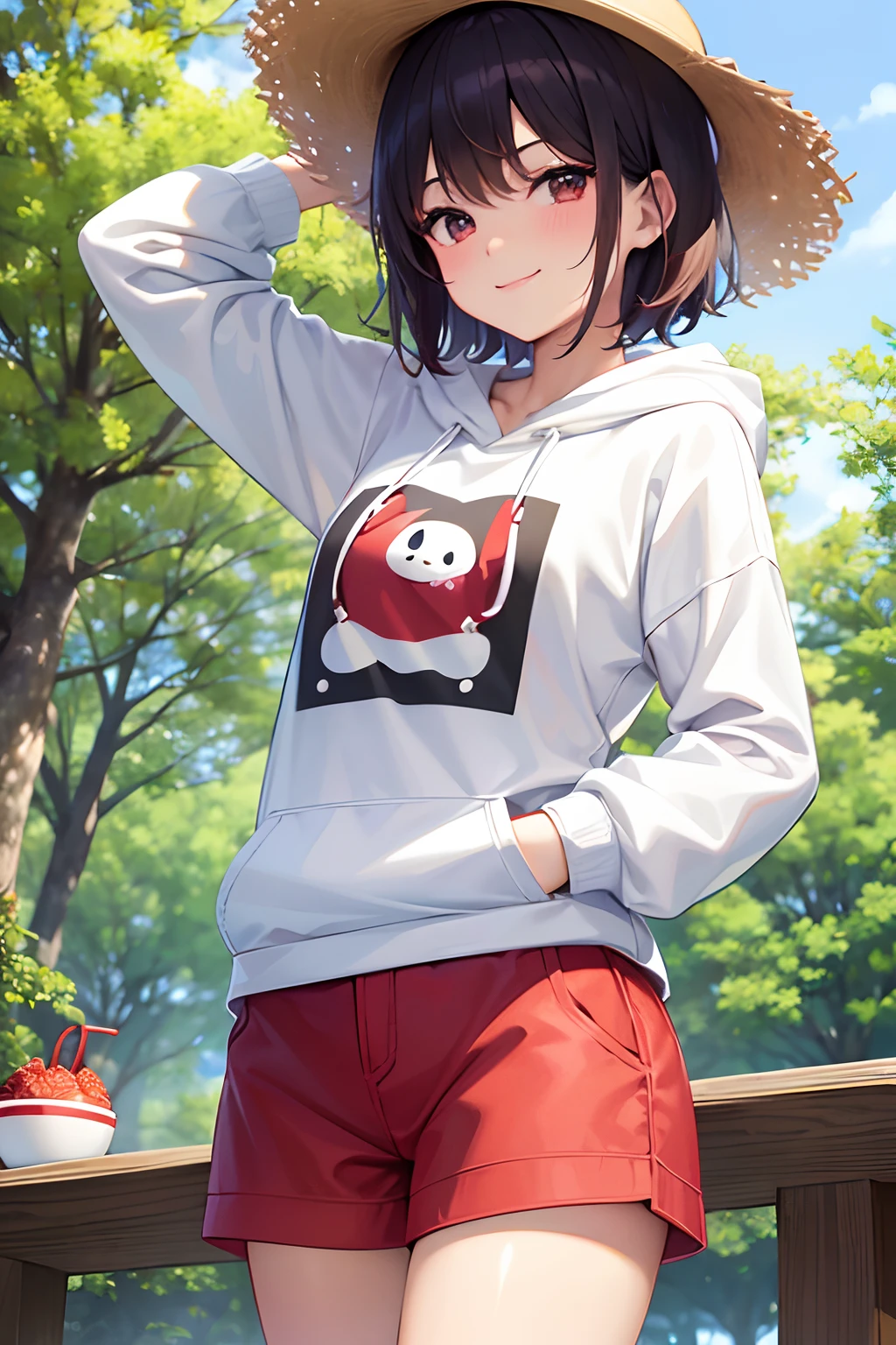Summer Park、Big white hoodie、Sexy、shortpants、Red straw hat、A smile、Red cheeks、Cute little beautiful face of 18 years old shining,Cute beauty、A dark-haired、Bery short hair,Small-faced beauty,White fair skin,Glossy skin,Pale black eyes and bright, Dazzling and beautiful light、Stand as if dancing
