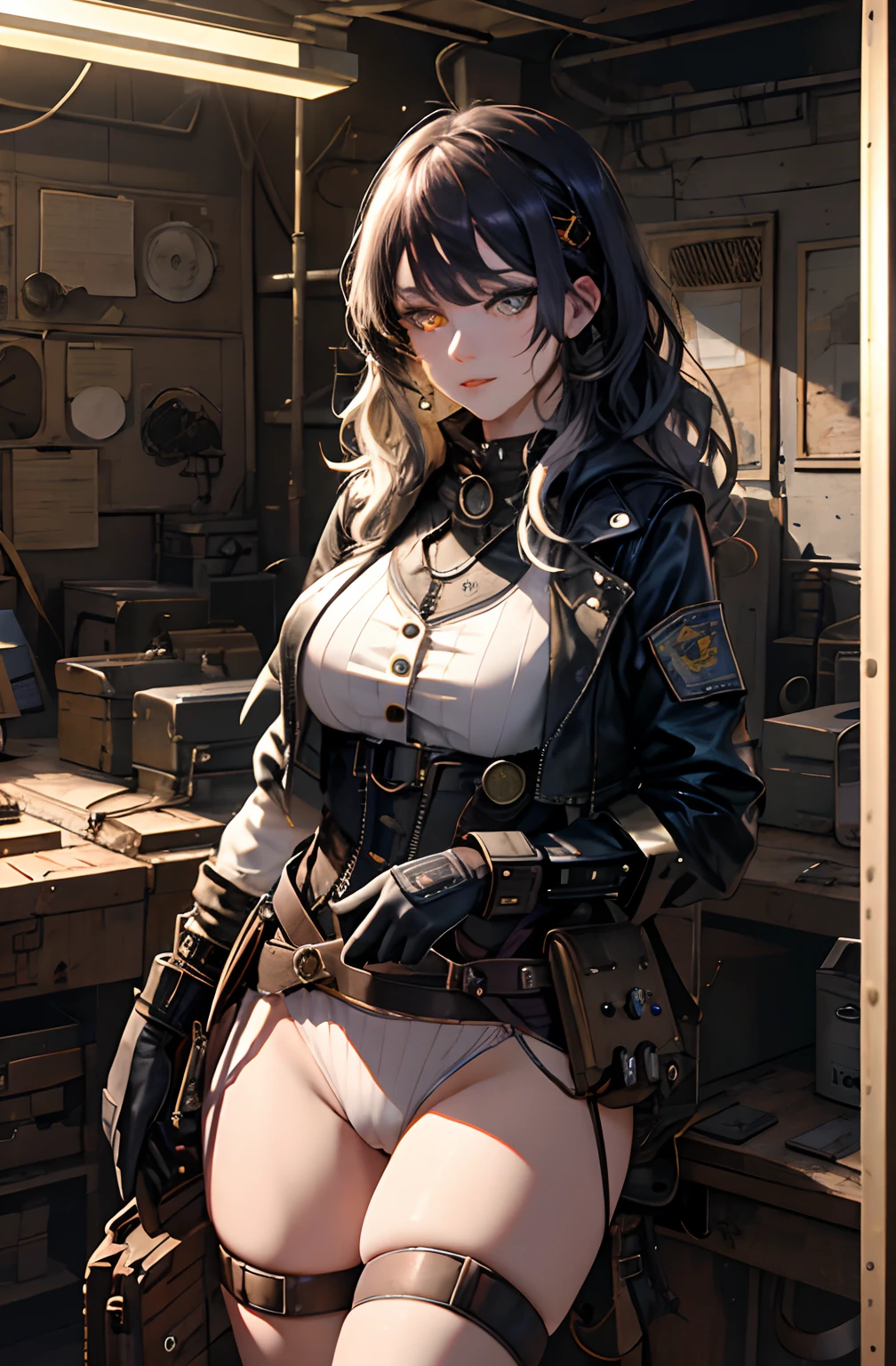 (absurdres, highres, ultra detailed), 1woman, mature female, aged up, wavy long hair, split-color hair, heterochromia, bangs, long sleeves, finely detailed eyes and detailed face, extremely detailed CG unity 8k wallpaper, intricate details, (style-rustmagic:0.8), (medieval cyborg:0.8), portrait, (bloody wounds:0.7), looking at viewer, solo, half shot, detailed background, (steampunk theme:1.1) determined expression, dark couds technomancer, floating lights, color leather vest with gears, techwear, jetpack, workshop in background, machines, gears, steam, industry, technology, furnace, grime, anvil, buttons, levers, automaton, electricity, electric sparks epic atmosphere,, portrait(very marked cameltoe)