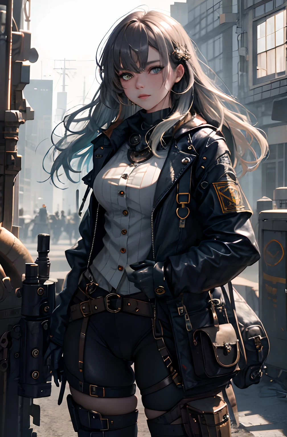 (absurdres, highres, ultra detailed), 1woman, mature female, aged up, wavy long hair, split-color hair, heterochromia, bangs, long sleeves, finely detailed eyes and detailed face, extremely detailed CG unity 8k wallpaper, intricate details, (style-rustmagic:0.8), (medieval cyborg:0.8), portrait, (bloody wounds:0.7), looking at viewer, solo, half shot, detailed background, (steampunk theme:1.1) determined expression, dark couds technomancer, floating lights, color leather vest with gears, techwear, jetpack, workshop in background, machines, gears, steam, industry, technology, furnace, grime, anvil, buttons, levers, automaton, electricity, electric sparks epic atmosphere,, portrait(very marked cameltoe)