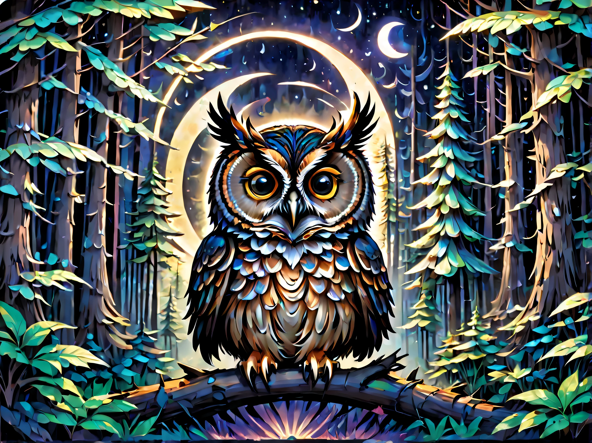 Hyperdetailed regenerative [glitch] still, (koan), matte, understated, (meditative: 1.2), (harmonic) impressionism, cerebral, (interconnected), labyrinth, (introspective), psyche, balanced and reciprocal, T shirt design, TshirtDesignAF, concept: (In a mystical forest, a wise owl watches over the moonlit night, evoking tranquility and wisdom, ("The Night and the Owl"))