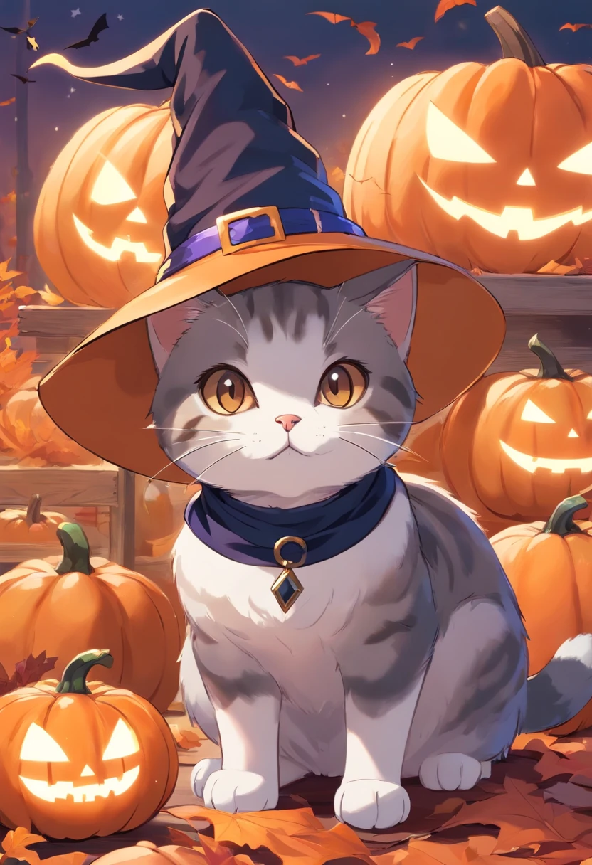 An English shorthair cat wearing a witch's hat, It has a short tail, and blue and brown eyes, pumpkins, Halloween, the bats
