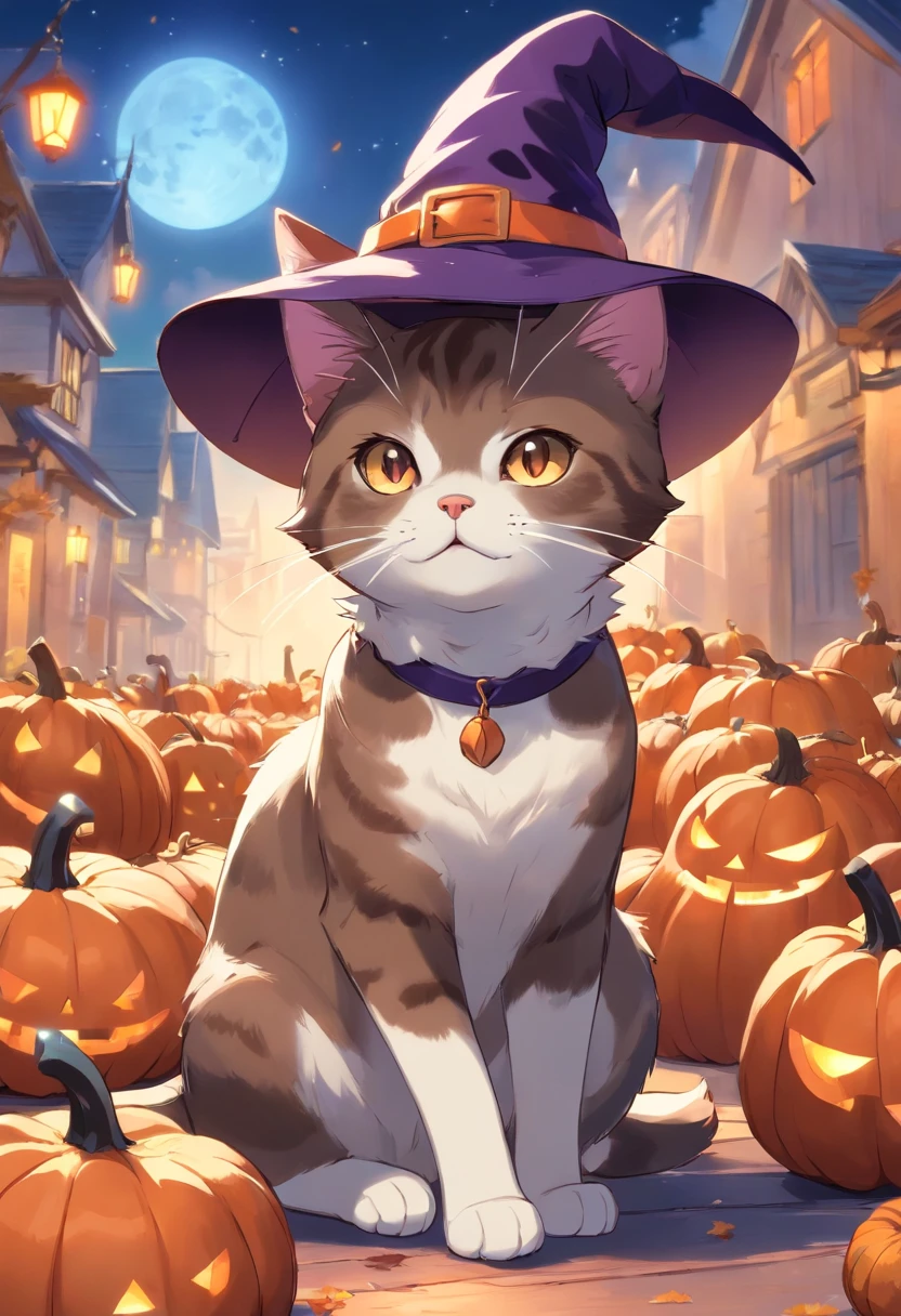 An English shorthair cat wearing a witch's hat, It has a short tail, and blue and brown eyes, pumpkins, Halloween, the bats