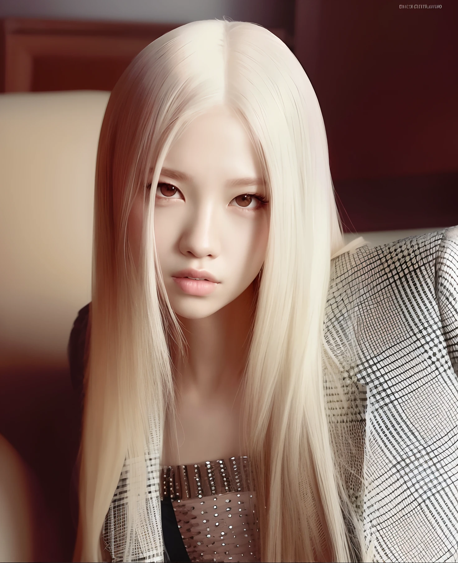 um close up de uma mulher com longos cabelos loiros e uma jaqueta, com cabelos longos brancos, Parque Roseanne do Blackpink, com longos cabelos brancos, jossi do blackpink, Retrato de Jossi de Blackpink, albino white pale skin, menina com cabelo branco, her hair is white, Retrato Jisoo Blackpink, jisoo do blackpink, Jisoo do Blackpink, albino intenso, cabelos brancos