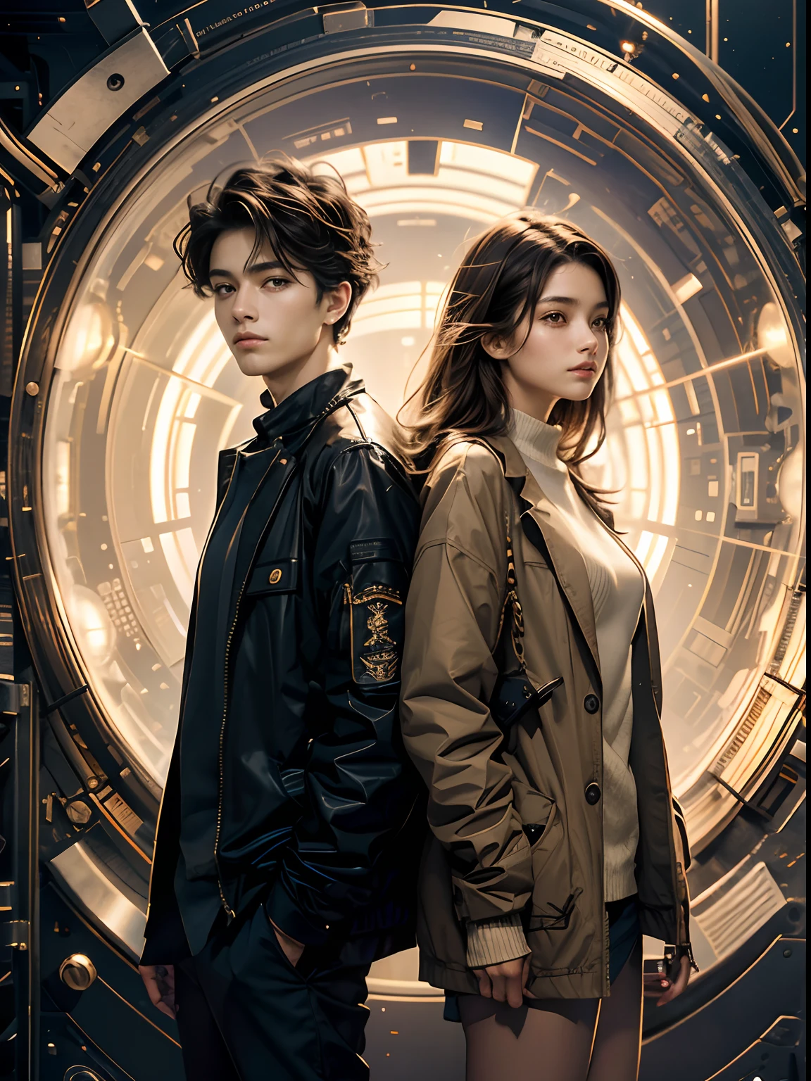 A man and a woman are standing side by side. Both have beautiful features. He is 18 years old. The man has black hair. The woman has light brown hair. Both are dressed in modern clothing. In the background of the two is an image of a wormhole. 8K image quality.