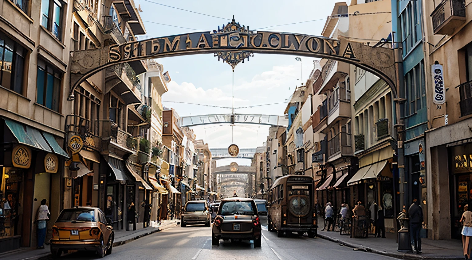 una ciudad steampunk, con gente caminando por las aceras, tiendas con grandes escaparate, Vehicles on the streets, anuncios espectaculares en la sima de los edificios