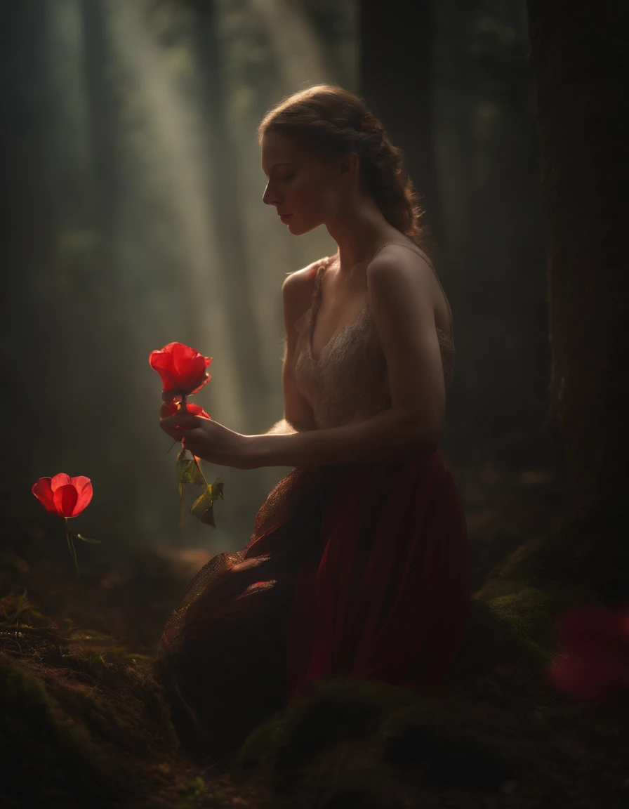 Eine junge Frau liegt, Auf der linken Seite ein Skelett, Auf der rechten Seite eine Schrotflinte, Over a bleeding heart. (best qulaity,4K,8K,Hoch,Master-Teil:1.2), Ultra-detailliert, (realistisch,fotorealistisch,fotorealistisch:1.37), Entsetzen, dark atmosphere, Makabre Details, Dramatische Beleuchtung, Lebendige Farben.