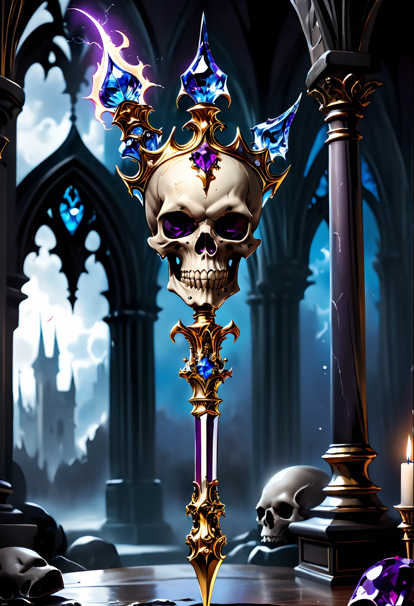 (8K, 16k, Award-winning, Highest quality, Highest resolution, Super detail, High detail, Anatomically correct, Masterpiece, Stunning beauty), Legendary scepter,The scepter has a skull at the top,Scepter made of crystal and white gold,delicate craftsmanship , Rare and precious, Intricate details,Golden flame,Purple magic,blue lightning,Magical ice world background,(gothic art style:1.5)