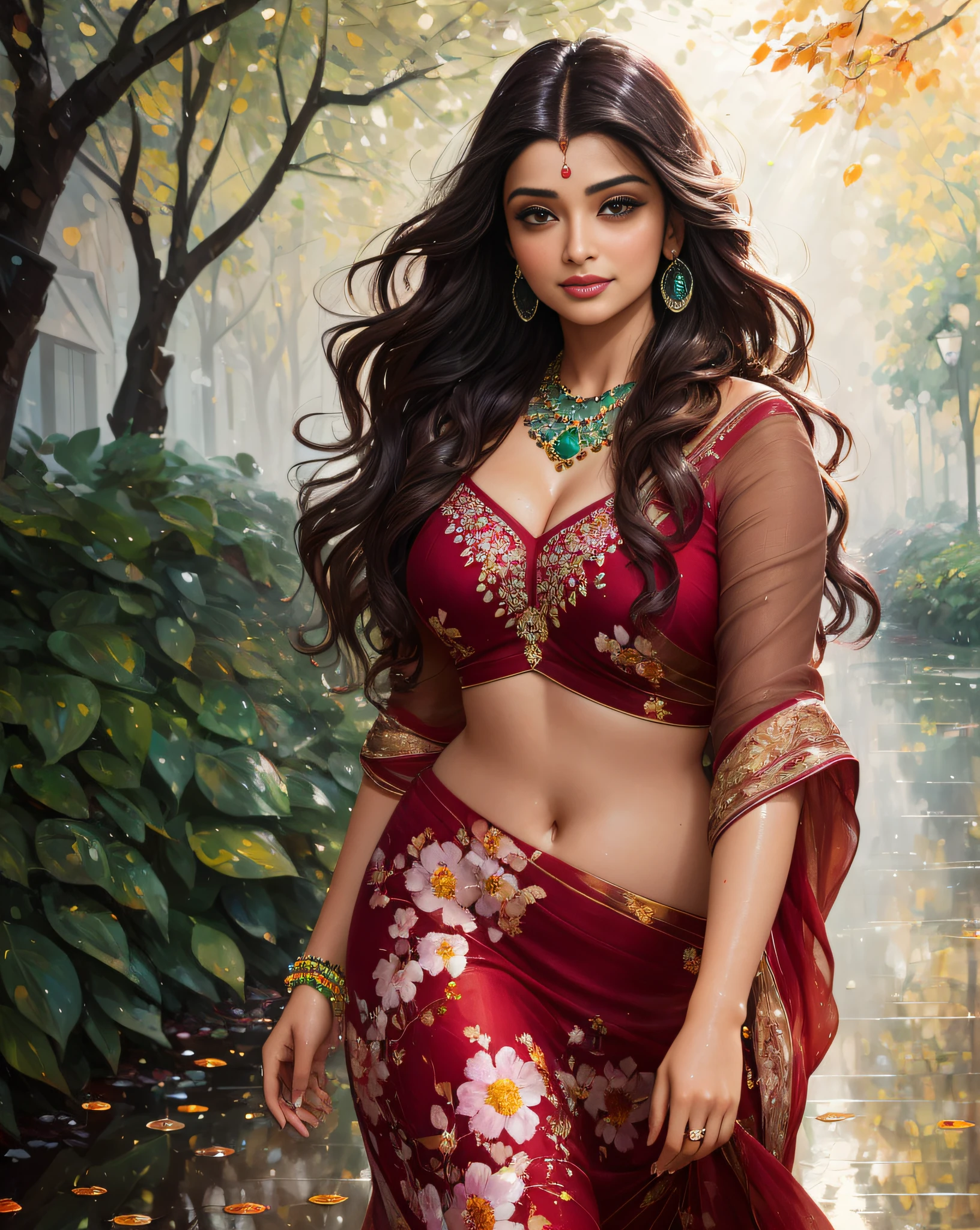 (impressionist masterpiece oil painting depicting closeup) of an alluring sexy curvy Indian blogger ([Prachi desai| aishwarya rai| sonali bendre]), walking on a wet street on a rainy day, (wearing  gemstones, body covered in precious stones:1.4),  navel, wet long brown wavy hair with highlights, wet glistening skin, vivacious, lustful glance, exhilarated, reflections on street (beautiful detailed eyes:1.1) , (passionate expression:1.2) intense dramatic lighting, falling greenery, trees bushes and flowers bokeh, backlit, light rays, highly detailed, trending on artstation, paint splashes, rich colour, falling leaves & flowers all around,(perfect long wavy hairstyles), abstract portrait, by Atey Ghailan