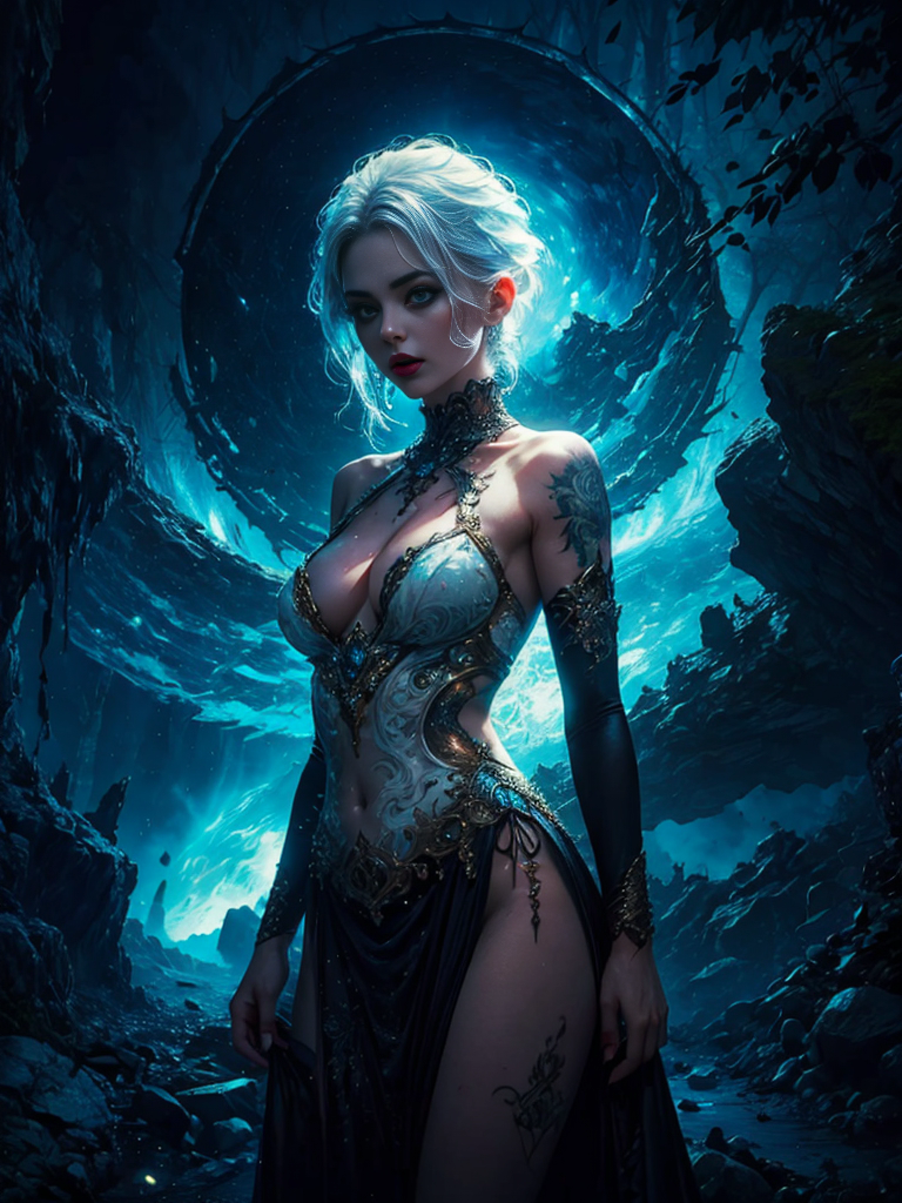 white forest in background, colorful design , Aurora, mythical, erotic pose, pore white hair, small tits, big eyes, body covered with tattoo, red lips, erotic, dark light,, white dress,glowing light