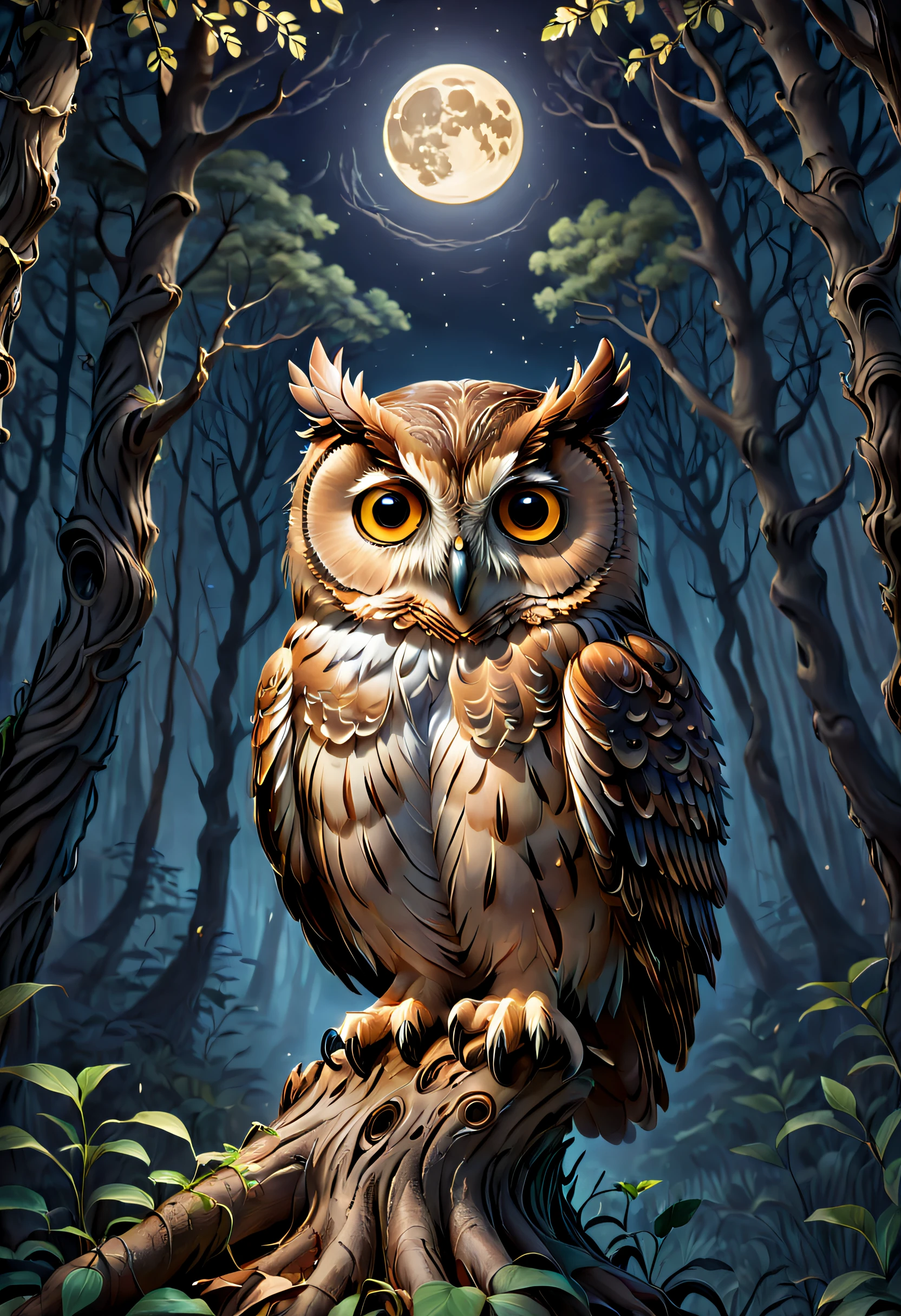 Hyperdetailed regenerative [glitch] still, (koan), matte, understated, (meditative: 1.2), (harmonic) impressionism, cerebral, (interconnected), labyrinth, (introspective), psyche, balanced and reciprocal, Kids Book, concept: ("The Night and the Owl" depicts an enchanting and contemplative journey through the woods at night, where a majestic owl, the symbol of wisdom, sits perched on a leafless tree. As the serene calmness of the night envelopes the scene, the soft glow of the moon bathes the owl in a gentle, lunar light. Bathed in quiet, the owl patiently waits for its prey to reveal itself, attesting to the power of patience and focus. The mysterious, dreamlike atmosphere encourages viewers to pause and reflect on their own lives, and consider the significance of the natural world and the cycle of life that surrounds us. By delving into the depths of the unknown, "The Night and the Owl" invites a sense of wonder and curiosity into our own experiences, allowing us to uncover new insights and perspectives on our place in the world.") 
KidsRedmAF