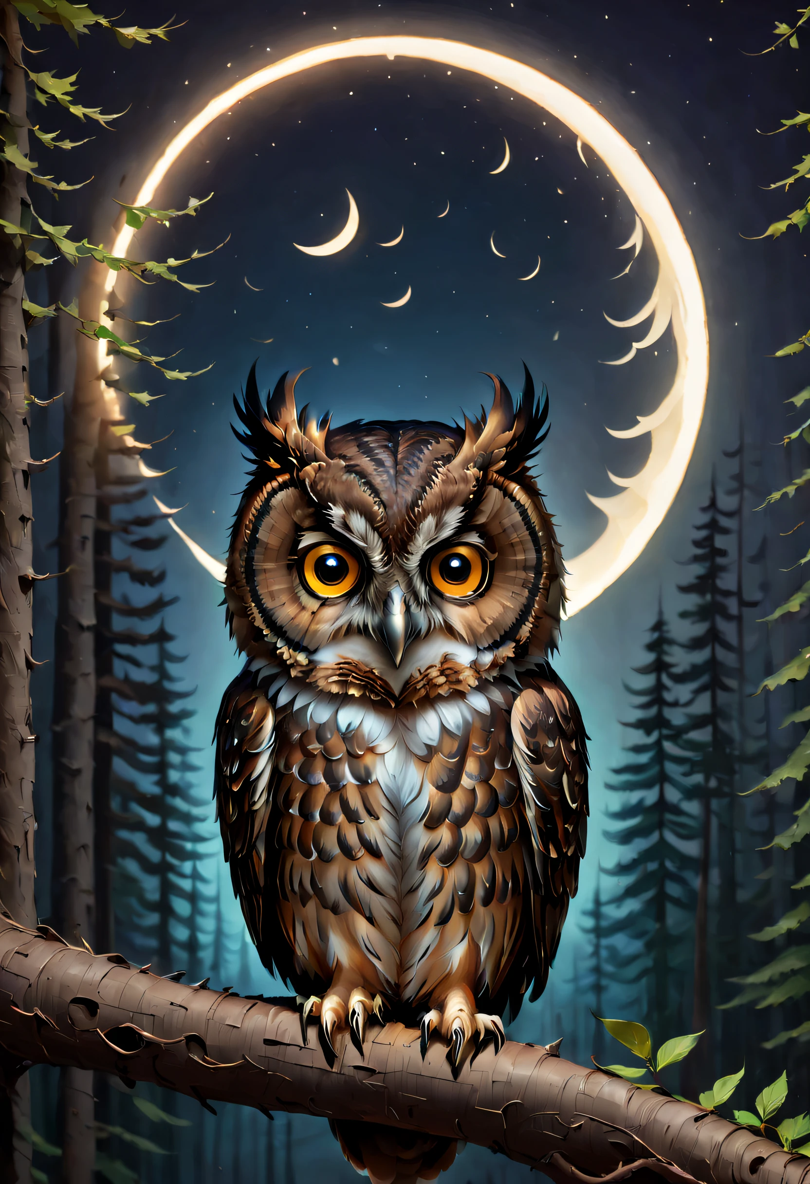 Hyperdetailed regenerative [glitch] still, (koan), matte, understated, (meditative: 1.2), (harmonic) impressionism, cerebral, (interconnected), labyrinth, (introspective), psyche, balanced and reciprocal, concept: ("The Night and the Owl" depicts an enchanting and contemplative journey through the woods at night, where a majestic owl, the symbol of wisdom, sits perched on a leafless tree. As the serene calmness of the night envelopes the scene, the soft glow of the moon bathes the owl in a gentle, lunar light. Bathed in quiet, the owl patiently waits for its prey to reveal itself, attesting to the power of patience and focus. The mysterious, dreamlike atmosphere encourages viewers to pause and reflect on their own lives, and consider the significance of the natural world and the cycle of life that surrounds us. By delving into the depths of the unknown, "The Night and the Owl" invites a sense of wonder and curiosity into our own experiences, allowing us to uncover new insights and perspectives on our place in the world.") TshirtDesignAF