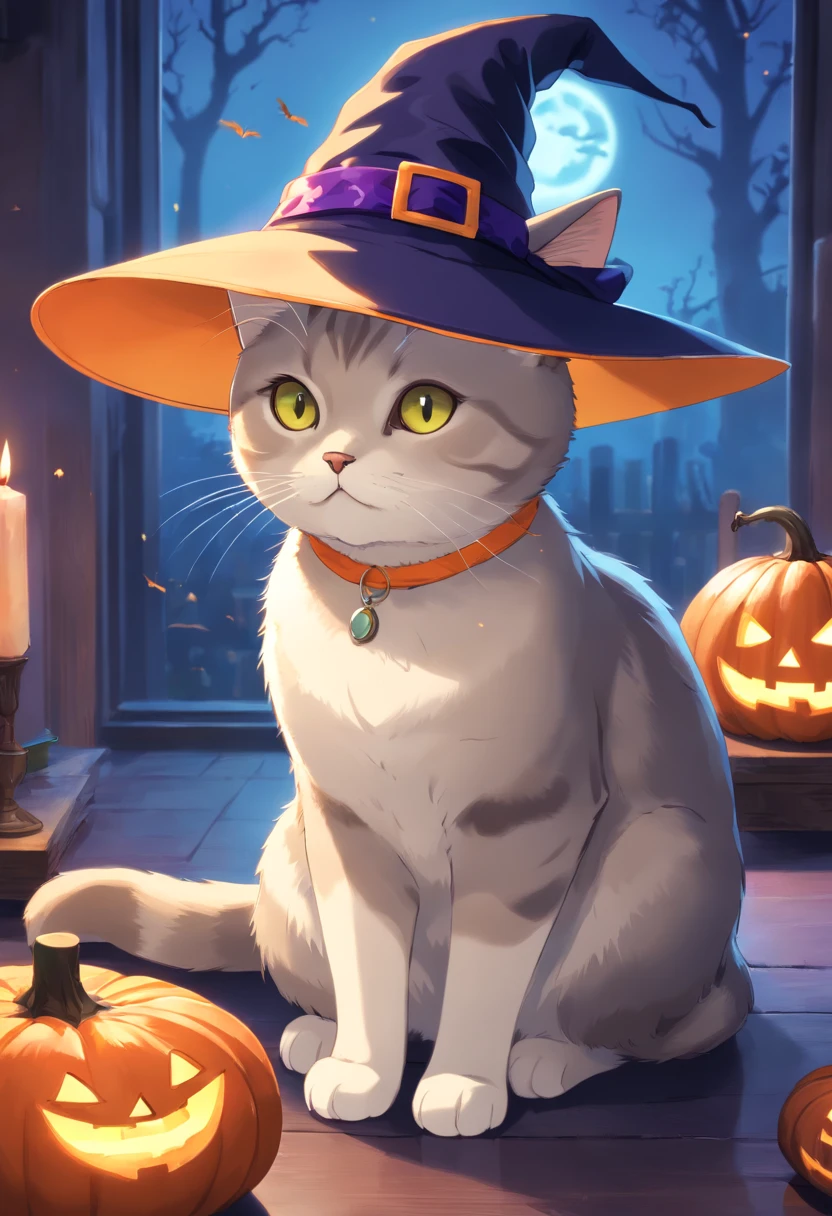 A British Shorthair cat wearing a witch hat, with a short tail, pumpkin, Halloween, bat, (best quality, 4k, 8k, highres, masterpiece:1.2), ultra-detailed, (realistic, photorealistic, photo-realistic:1.37), magical glow, vibrant colors, glowing eyes, spooky atmosphere, misty background.