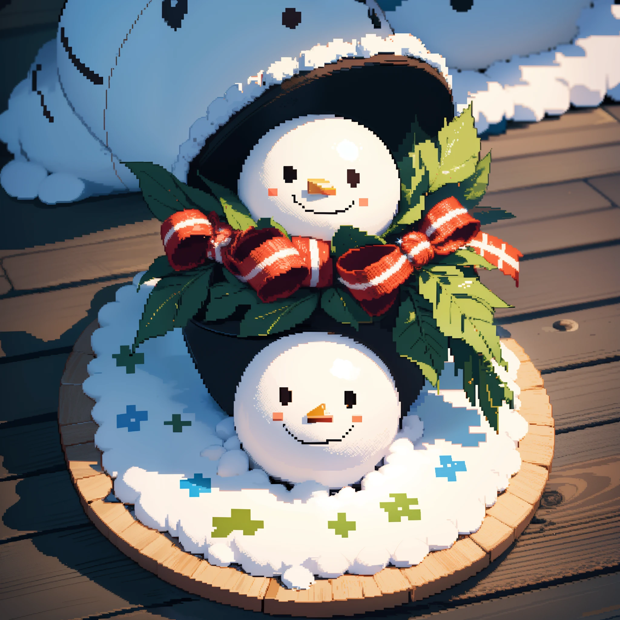 Create a circular pixel art-style sticker featuring charming snowmen. The design should capture the spirit of the holiday season with a delightful representation of snowmen in pixel art form. Ensure that the snowmen are wearing woollen hats for that cozy winter touch.
The focus is on pixel-perfect detail and simplicity, all within a circular shape. No background is needed for this sticker.
The goal is to create a playful and nostalgic circular pixel art sticker that conveys the joy of winter and the holidays through the charming depiction of snowmen with woollen hats.