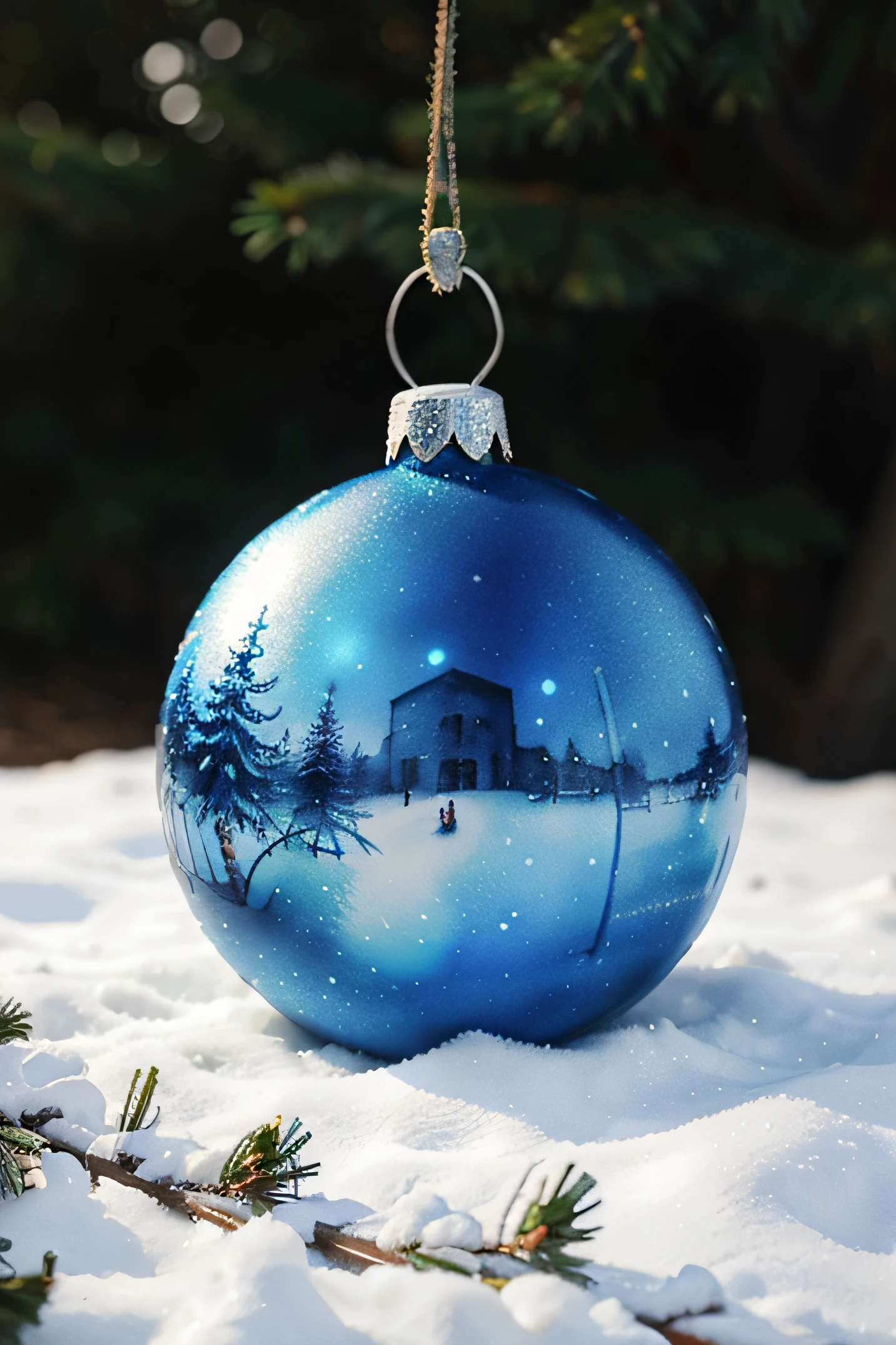 a blue Christmas ball is lying on spruce branches in the watercolor style