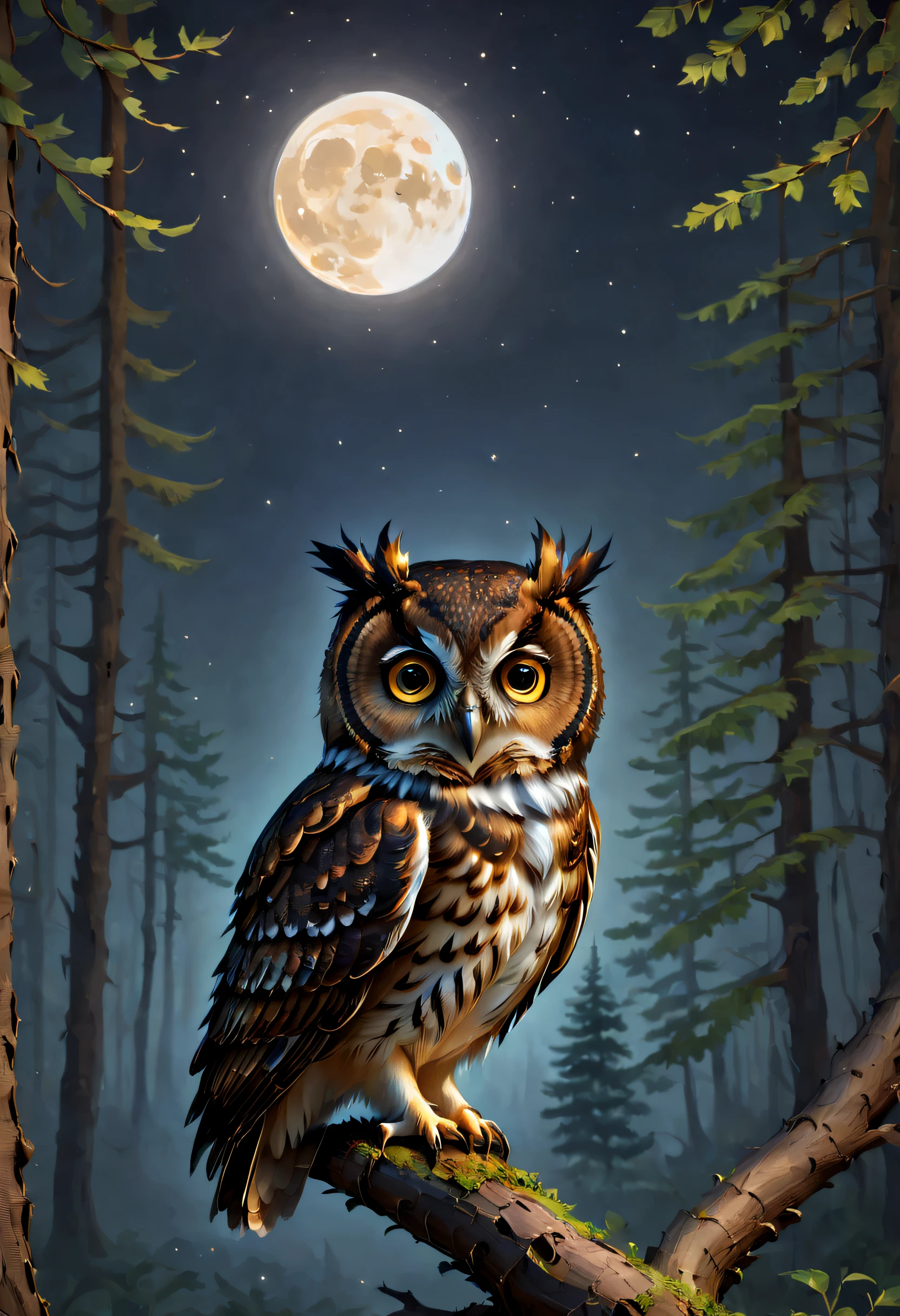 Hyperdetailed regenerative [glitch] still, (koan), matte, understated, (meditative: 1.2), (harmonic) impressionism, cerebral, (interconnected), labyrinth, (introspective), psyche, balanced and reciprocal, concept: ("The Night and the Owl" depicts an enchanting and contemplative journey through the woods at night, where a majestic owl, the symbol of wisdom, sits perched on a leafless tree. As the serene calmness of the night envelopes the scene, the soft glow of the moon bathes the owl in a gentle, lunar light. Bathed in quiet, the owl patiently waits for its prey to reveal itself, attesting to the power of patience and focus. The mysterious, dreamlike atmosphere encourages viewers to pause and reflect on their own lives, and consider the significance of the natural world and the cycle of life that surrounds us. By delving into the depths of the unknown, "The Night and the Owl" invites a sense of wonder and curiosity into our own experiences, allowing us to uncover new insights and perspectives on our place in the world.") TshirtDesignAF