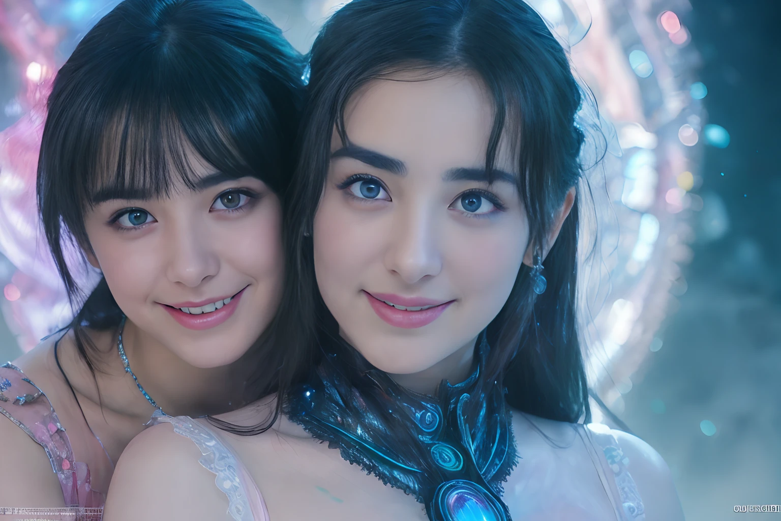 (Two beautiful age italian girls:1.6), Close friends, (They are hugging each other:1.2), Kiss her cheek or chest,(Detailed iridescent bodysuit with beautiful fractal or marble design:1.5)Incredible and spectacular scenes, ((High quality)), ((Detailed)), ((Fantasy)), Blue Plasma Brain, Green Plasma Body, Vulgarity, beutiful breast, obscenity, (Lewd smile:1.2), coarse, Obscene, mean, (raunchy:1.2), (Immoral:1.2), Lachish, (small breasts with beautiful raised pink areolas:1.5), (Cameltoe), (Expression of ecstasy:1.2), Photorealistic, Official art, unity 8k wall paper, 8K Portrait, Best Quality, Very high resolution, (Incredibly beautiful nature background:1.6), (18 years old:1.5), (Sexy and glamorous:1.1), (A coquettish expression:1.6), (seductively smiling:1.6), (Full body), (erotic posing:1.5), Beautiful seductive face, Portrait, (Thick eyebrows:1.5), (large scarlet eyes:1.2), Beautiful eyes with fine symmetry, (Ultra detailed iridescent eyes:1.4), (High resolution blue eyes:1.1), Intimate face, (ultra detailed skin texture:1.4), White skin, pale skin, Perfect Anatomy, Thin, (Beautiful toned body:1.3), Hair Bow, (Moist skin:1.1), full of sweat, No makeup, dark circles, Good anatomy, Focus Face, good-looking, (Emilia Clark:0.6) (Emma watson:0.3),(Jennifer Connelly:0.4), (sensual face:1.5), Elegant face, Nice, Dolce, (Around her neck is a simple necklace of exquisite workmanship), (Bioluminescence with brilliant brilliance:1.3), (Luminous magic circle), Ruins of an ancient castle, Shining majestic cloud masses and sky, lightning bolt, Epic Realistic, (Greg Rutkowski:0.8), (teal and orange:0.4), (Art Station:1.5), Cinematic, (nffsw:1.5), Hyper Detailed, Dramatic light, (Intricate details:1.1),