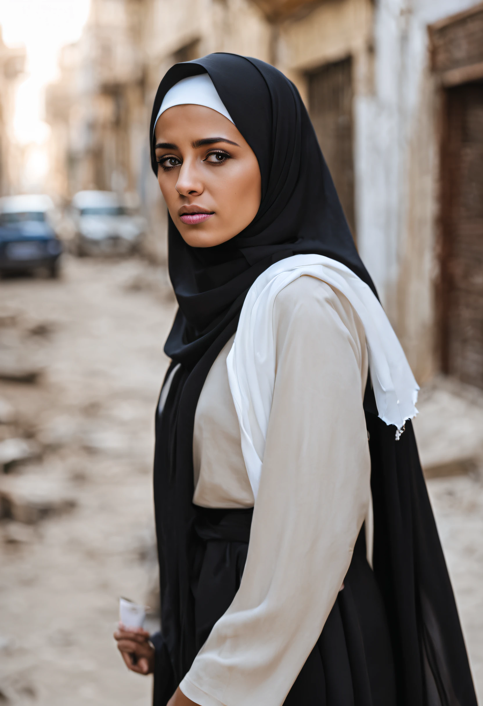 Young Muslim woman crying, sadness, in war, destroyed city, destroyed houses, wearing a hijab running in the streets of a Middle Eastern city, , Photograph::4 well lit, sharp focus, high quality photography, artistic, unique and award-winning, Canon EOS 5D Mark IV DSLR, f/8, ISO 100, 1/250 second, close-up, natural light, professional, flattering, headshot, glibatree style::3 black and white, grainy, distorted, d mark 'water::-2
