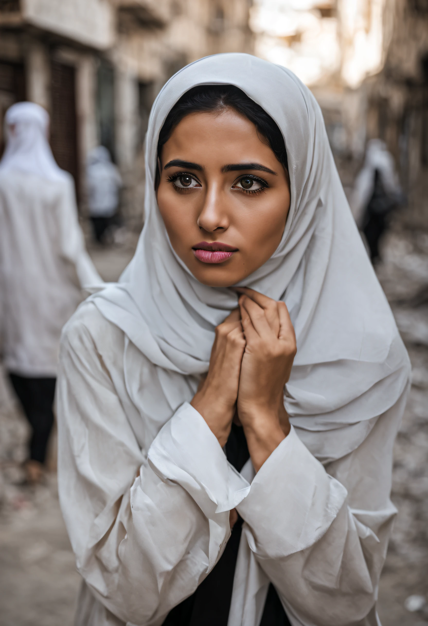 Young Muslim woman crying, sadness, in war, destroyed city, destroyed houses, wearing a hijab running in the streets of a Middle Eastern city, , Photograph::4 well lit, sharp focus, high quality photography, artistic, unique and award-winning, Canon EOS 5D Mark IV DSLR, f/8, ISO 100, 1/250 second, close-up, natural light, professional, flattering, headshot, glibatree style::3 black and white, grainy, distorted, d mark 'water::-2