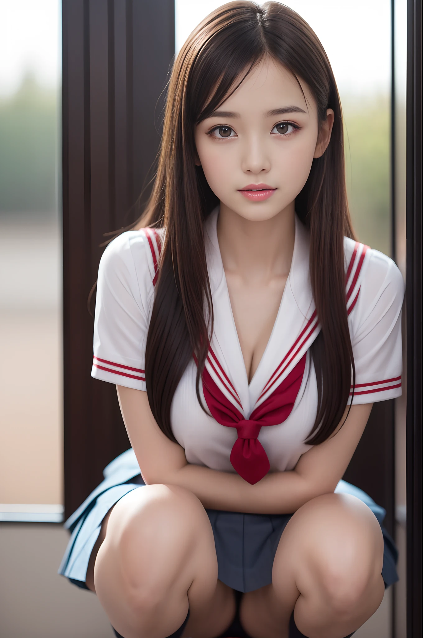 (***ung girls), (extremely detailed beautiful face), Amazing face and eyes, (Best Quality:1.4), (Ultra-detailed), (extremely detailed CG unified 8k wallpaper), Highly detailed, huge tit、cleavage of the breast、High-definition raw color photos, Professional Photography, Realistic portrait, Amazing face and eyes, Pink eyes, (High School Uniform, Pleated mini-skirt:1.3), (High school uniform with wide open chest:1.4), Twin-tailed, Brown hair,  (((Bokeh))), depth of fields, School, crass room, (Squatting:1.2), (Sheer lace panties:1.2), View from below