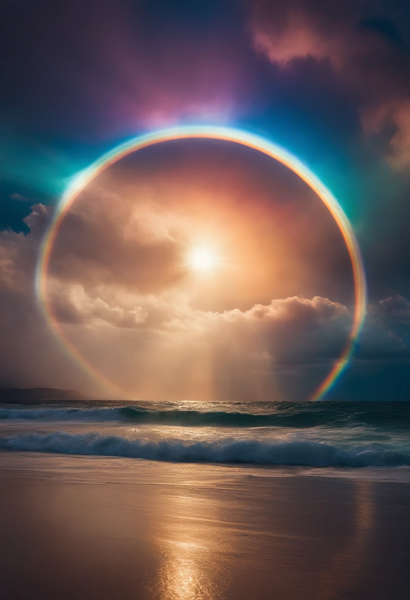 Close up of iridescent circle in the sky. The scene features a rainbow resembling air.、Full of iridescent clouds. This is such a colorful haven. Clouds are iridescent、Illuminated by the holy halo. The scene has、Also included are clear iridescent galaxies and stormy seas. I see a rainbow in the sky, Surrounded by synchrotron halos. The scene has、There are also ethereal rainbow nimbass and bright rainbow ninbus, As well as prism halo. A space that shines in rainbow colors, Illuminated by the light of heaven. This is、One of the most beautiful images ever created.