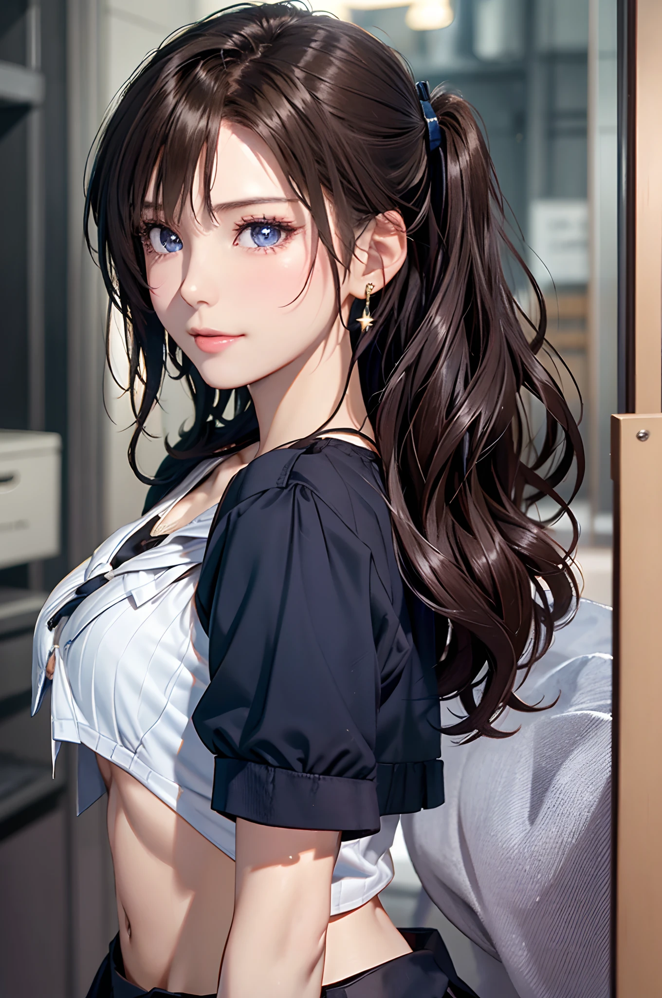 (masutepiece: 1.3), (max resolution: 1.2), (Ultra HDTV: 1.2), cinematric light, Ultra HDTV, (Detailed eyes and skin), (detailed facial features), nffsw, 8K resolution, Sharp Focus: 1.2, Perfect Style, Beautiful face, Perfect body, acurate, Anatomically correct, Highly detailed face and skin texture, Detailed eyes, Dark-blue eyes, Double eyelids, Thin eyebrows, Glitter Eyeliner: 1.2, Natural cheeks, Glossy skin, Fair skin: 1.2, shiny little necklace and earrings, (Glossy lips: 1.4), BREAK, One-person viewpoint, (she is very Cute high school student), (white lace bra, White lace panties, high socks), (Seductive smile: 1.2), ((a Innocent and cute girl:1.3)), (Side Ponytail Hairstyle, Wavy Hair), (ligh brown hair:1.2), Medium Long Hair, (Cowboy Shot: 1.2), BREAK, ((Very intimate relationships: 1.2)), medium large breasts, ((Looking at Viewer:1.2)), ((Grab a shirt button.:1.6)), ((In the Extreme narrow school changing room:1.2)), (From Side:1.2),low angle shot,FULL BODYSHOT