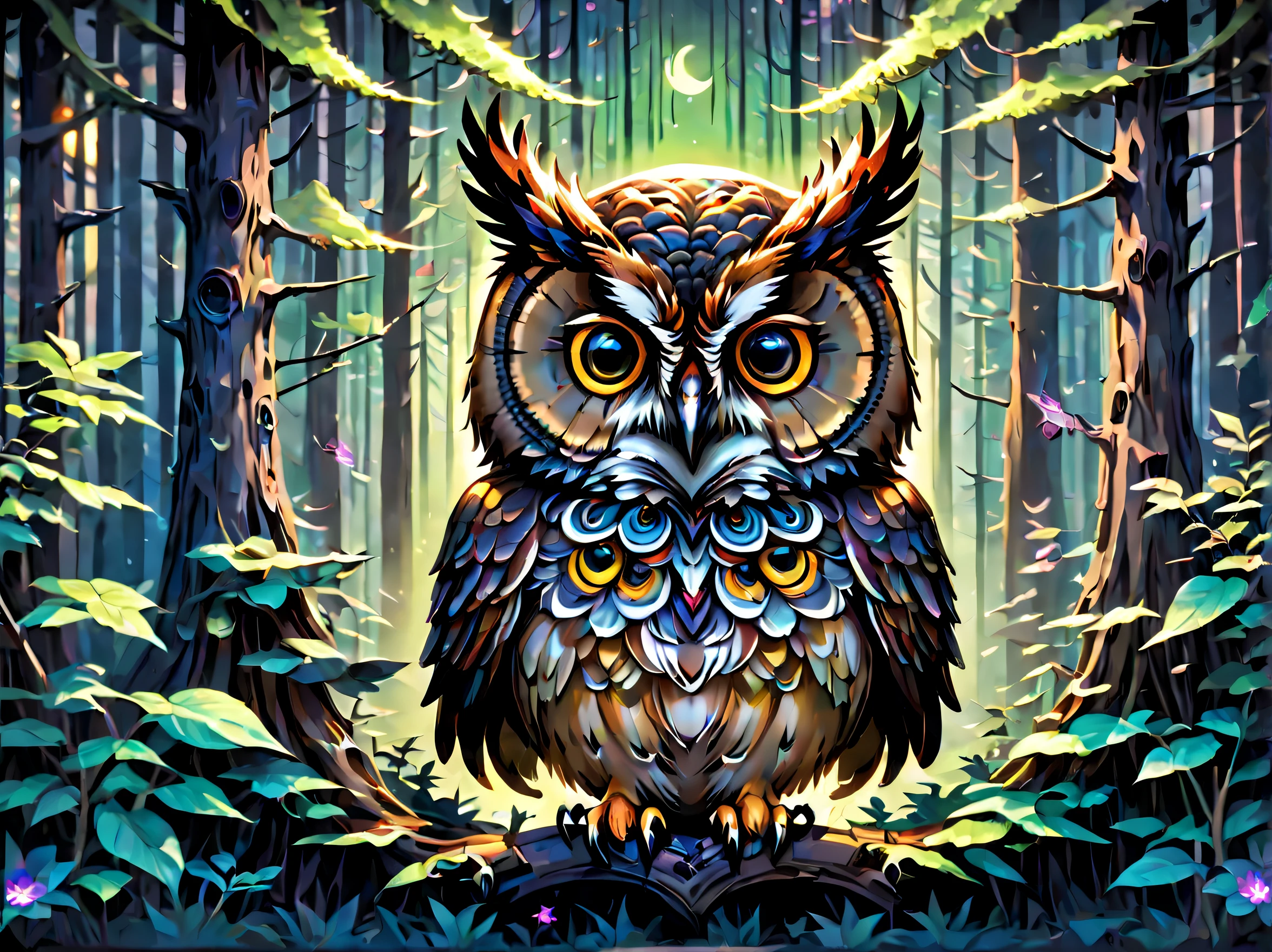 Hyperdetailed regenerative [glitch] still, (koan), matte, understated, (meditative: 1.2), (harmonic) impressionism, cerebral, (interconnected), labyrinth, (introspective), psyche, balanced and reciprocal, T shirt design, TshirtDesignAF, concept: (In a mystical forest, a wise owl watches over the moonlit night, evoking tranquility and wisdom, ("The Night and the Owl"))