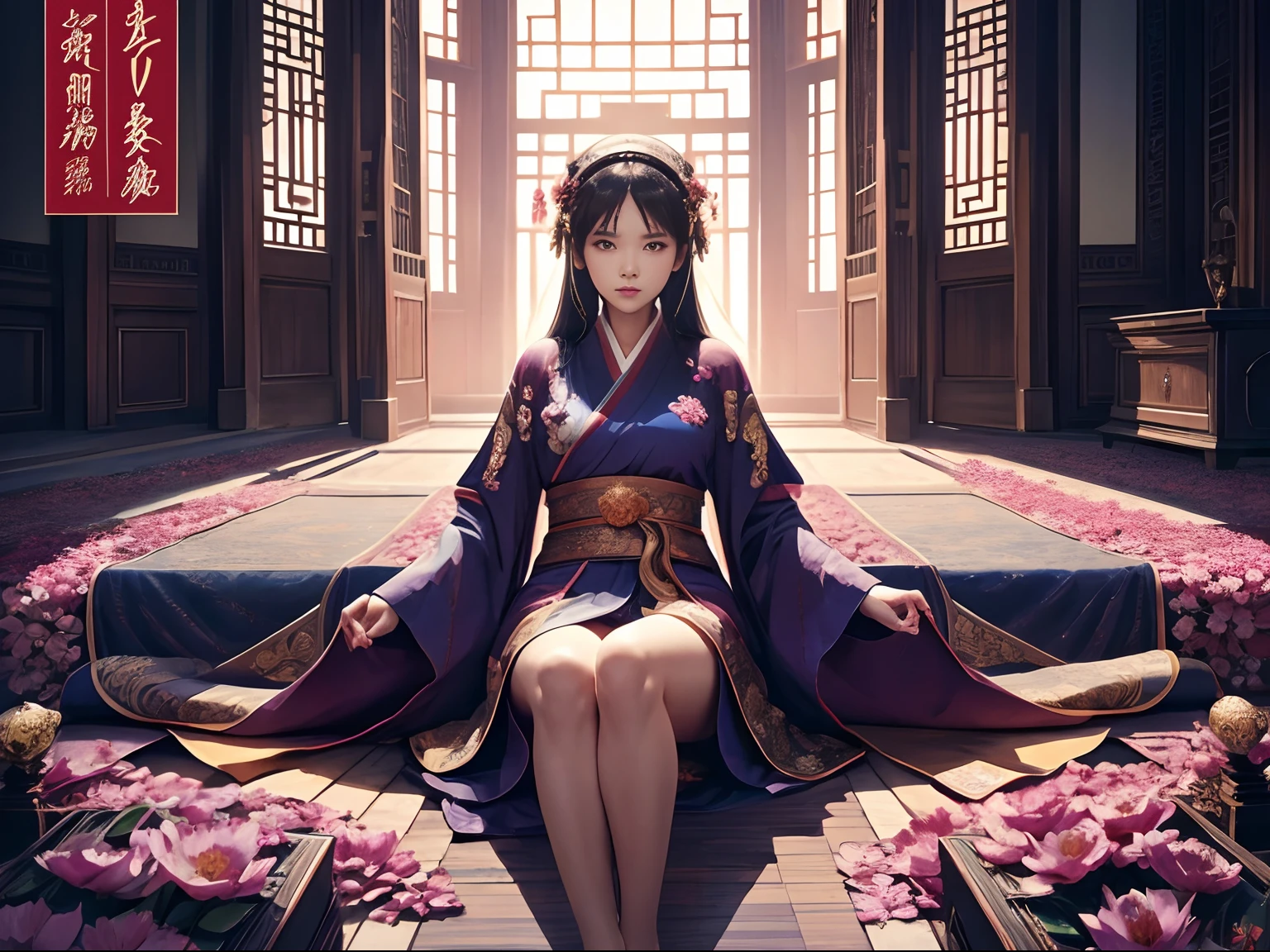 woman,Wearing imperial robes,Arms spread wide,palaces,Masterpiece,Best quality,超细节的,Broad perspectives,comic strip,photorealestic,illustration,Renderer,illustration,Matsuki,Dissection is correct