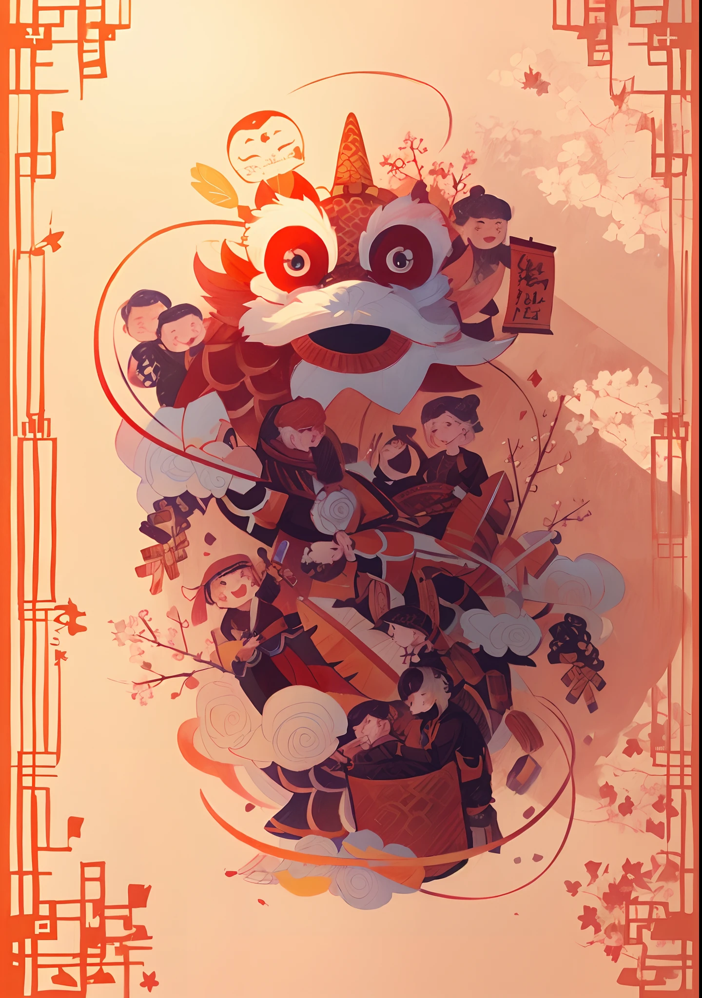 red dragon with a bunch of people around it, The atmosphere of Tet holiday is cheerful, the light is soft and sweet, full color digital illustration, full color illustration, yellow dragon head festival, 5d, 5 d, large view, illustrative art, 2 d, 2d, by Yan Hui, color illustration, chinese new year in shanghai, by Ni Duan, by Zeen Chin, a beautiful artwork illustration
