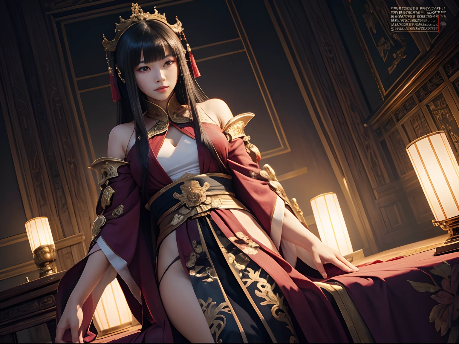 woman,Wearing imperial robes,Arms spread wide,palaces,Masterpiece,Best quality,超细节的,Broad perspectives,comic strip,photorealestic,illustration,Renderer,illustration,Matsuki,Dissection is correct