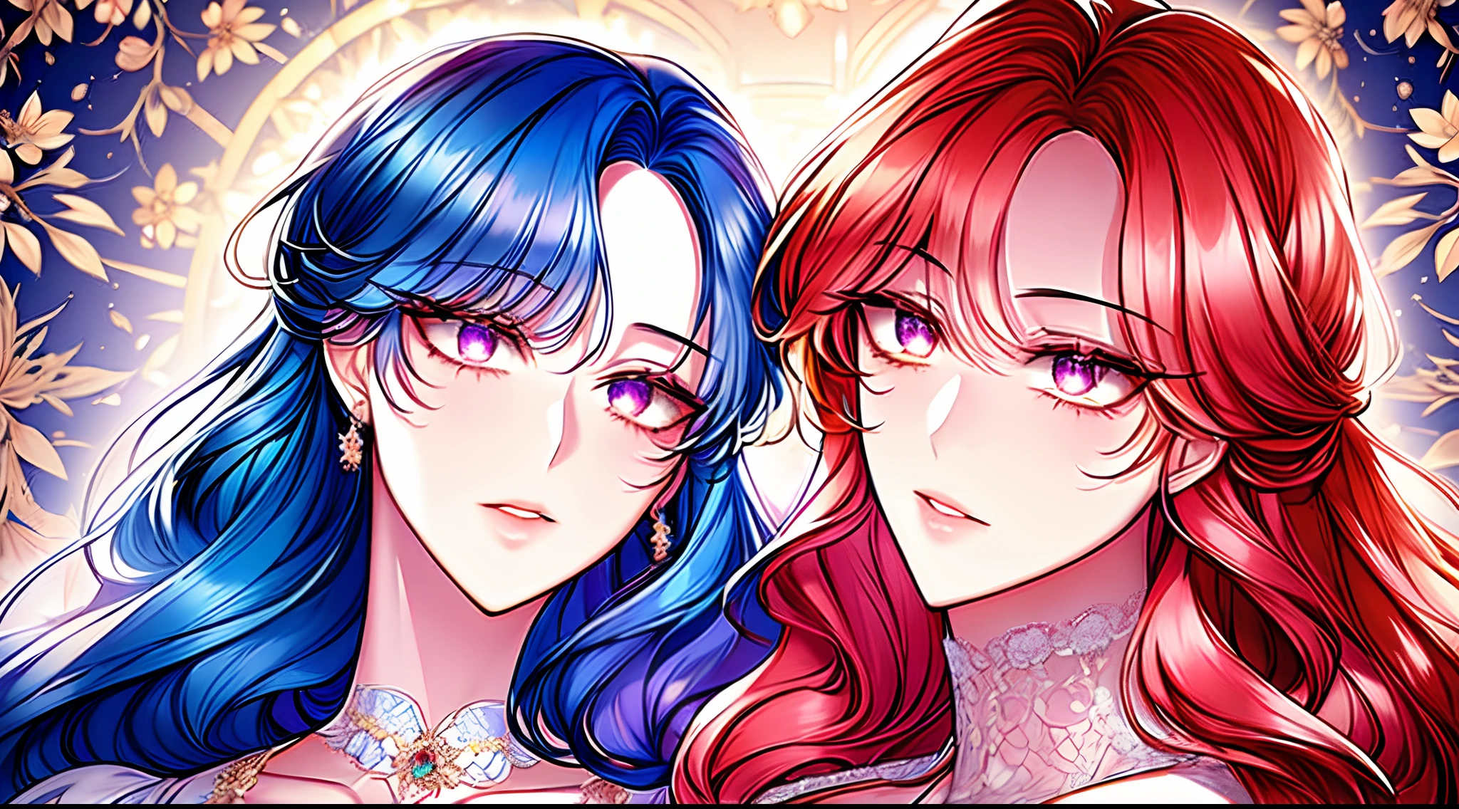 ((shoujo-style, floral background, romance manhwa)), (close up), (2girls aligned:1.2), couple, blue hair, red hair, solo, long hair, flower, dress, thick eyeblows, flower, straight hair, blaid, closed mouth, collarbone, breast, (cleavage:1.2), puffy sleeves, white dress, purple dress, elbow gloves, earrings, necklace, (tiara), jewelry, golden, lace trimmed, bow, face focus, teasing, beautiful face, detailed eyes, detailed pupil, looking at viewer, all intricate