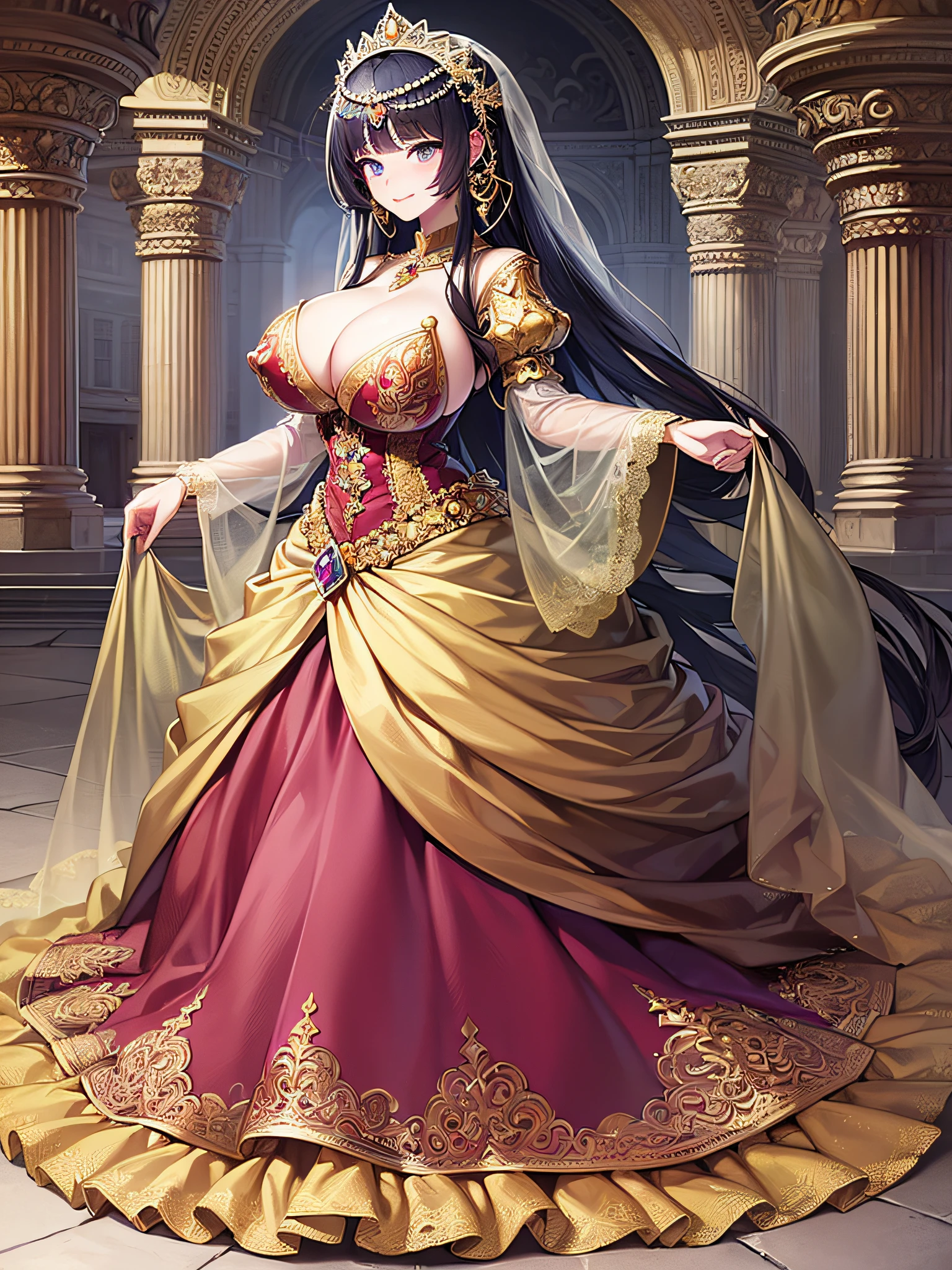 ((Anime Art Style)),(masutepiece),(Best Quality), (Super Detail),(Highly detailed CG Unity 8k wallpaper),((Very delicate and beautiful)),((Full body portrait)),((Stand in the garden)),((Solo)),(((One princess in a very gorgeous rococo princess ball gown adorned with gorgeous embroidery and jewels and a voluminous full-length hoop skirt ))),(((Crinoline Hoop Skirt))),Long Train,((Gorgeous embroidery and jewelry)),voluminous ruffles,(((very very gigantic ,Skindentation))),cleavry long straight hair,Very voluminous straight long hair,Very long straight hair)),(finely detailed face and eyes),((Seductive smile,embarrassed)),Beautiful eyes like jewels,Very gorgeous hair ornament,(A very gorgeous tiara adorned with sparkly jewels),((Glitter Gorgeous Gemstone Jewelry)),Gorgeous Long Veil,(Opera Globe),(Beautiful background),(Full body),((Gorgeous Rococo Princess Ball Gown with Gorgeous Embroidery and Jewels and Voluminous Full-Length Hoop Skirt))