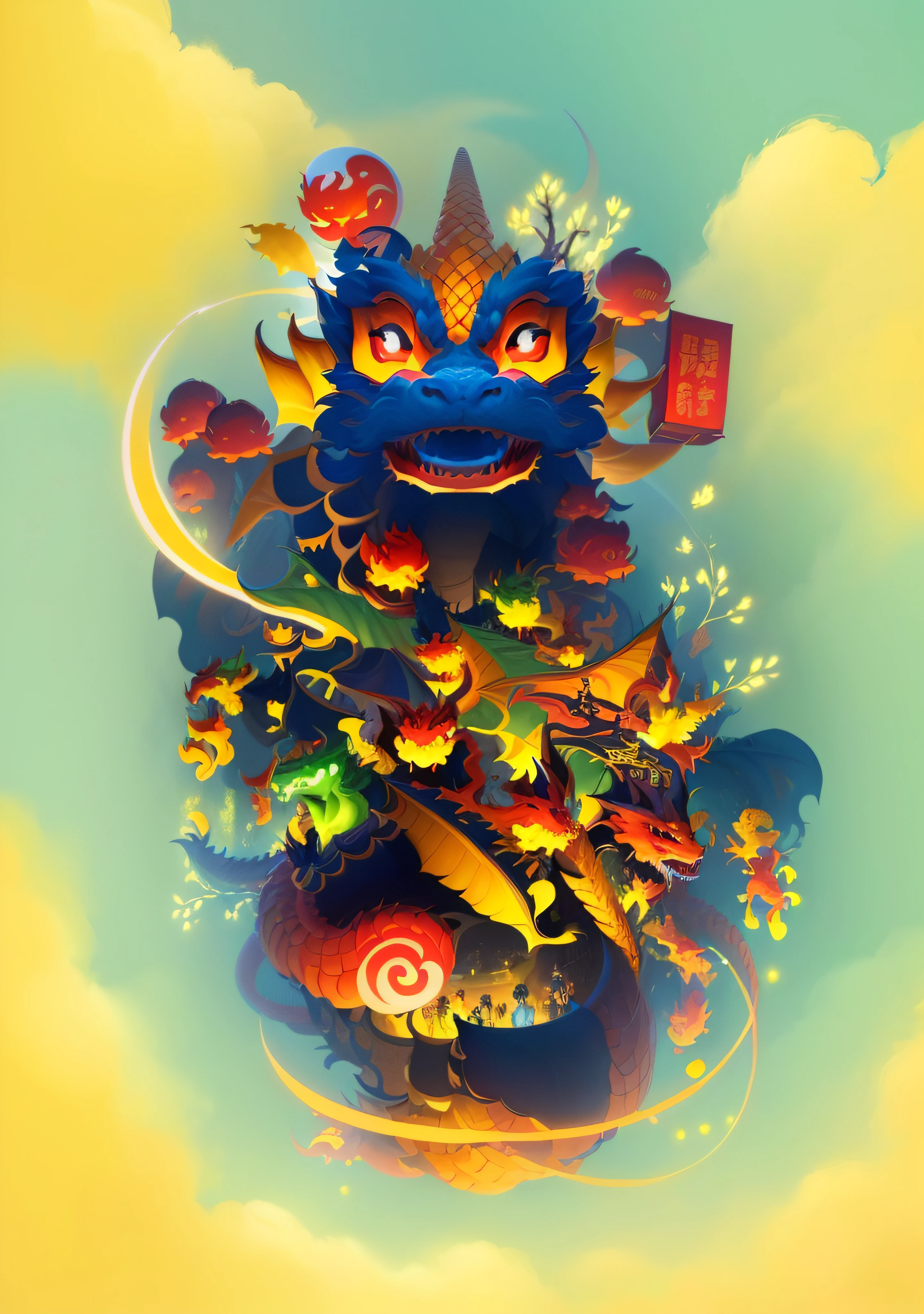 a cartoon image of a ((red dragon)) with a bunch of people around it, full color digital illustration, full color illustration, yellow dragon head festival, 5d, 5 d, large view, illustrative art, 2d, 2 d, by Yan Hui, color illustration, chinese new year in shanghai, by Ni Duan, by Zeen Chin, a beautiful artwork illustration