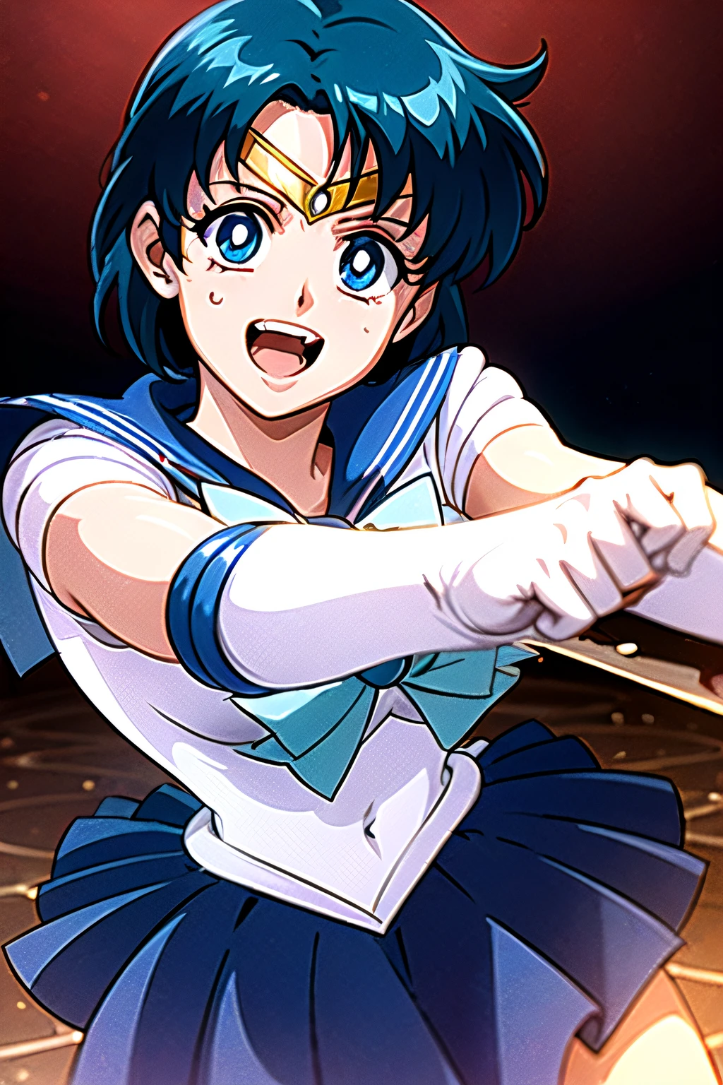 (Dynamic Boxing Pose:1.25), 1 girl, Beautiful face, Intense lighting),raw, 1 girl, ((rage)), Color Theme Red, Dramatic light, Violence Everywhere, Bloody destruction of corpses in the background, Dark and blurry background, (joyous expression:1.4), (Raging Eyes:1.2), ), Mental breakdown, intimidation, Ways to harm, (irate:1.4), revenge, rage, destruction, murder, Maniacal,magician, spell magic, Magic Circle, ((magic in hand)),(using light magic:1.14),water magic, imaginative overlays, artistic fusion,fantastical scenes, evocative narratives, striking visuals,(top-quality:1.3), (​masterpiece:1.4),(Anatomically correct), (Full limbs),(complete fingers),(Precise fingertips), (Fine details),(8K),(Photorealista:1.37),Sailor Moon!!!!!!!!, Sailor Moon Style,by Sailor Moon, Sailor Senshi Uniform,(Sailor Mercury:1.25),aqua eyes, Dark green hair,