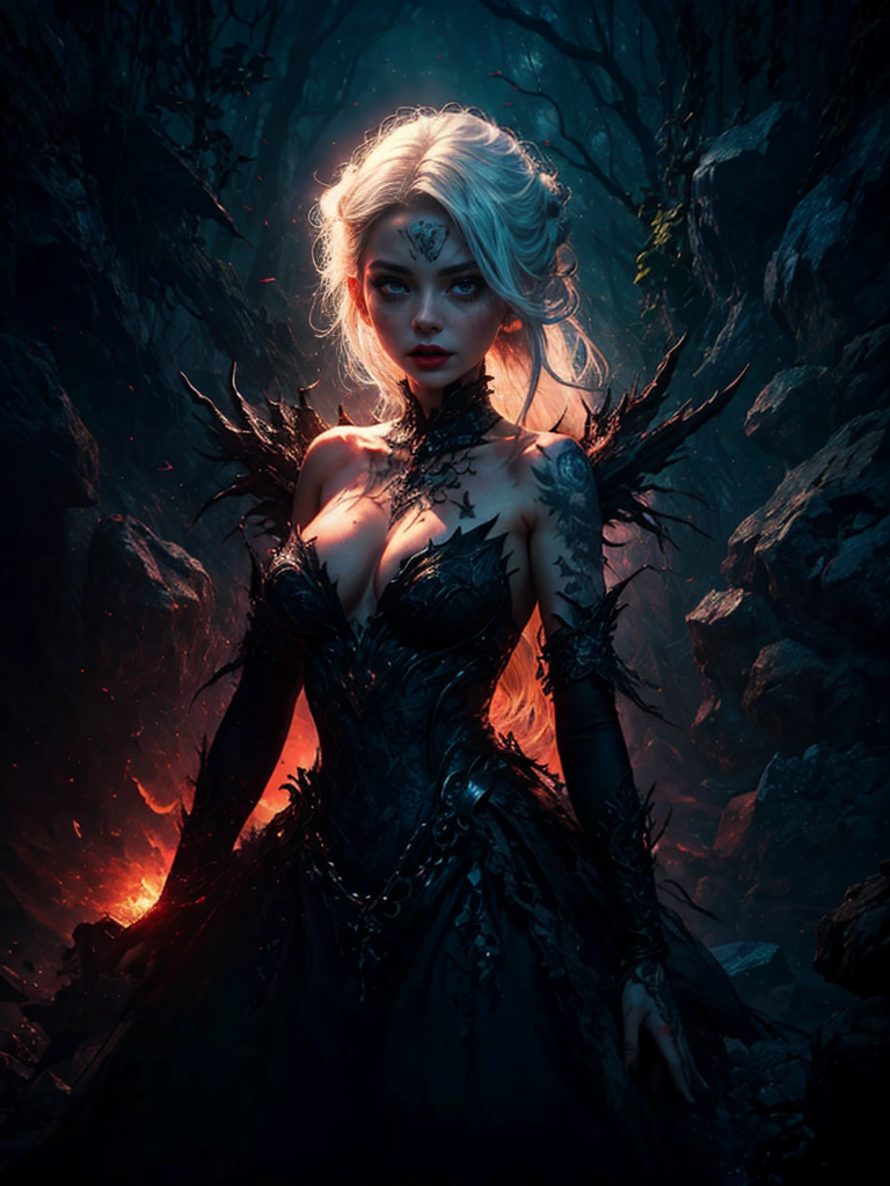 extreme dark forest in background, colorful. sinister, Aurora, mythical and magical, erotic pose, pore white hair, small tits, big eyes, body covered with tattoo, red lips, erotic, dark light, black dress ,glowing