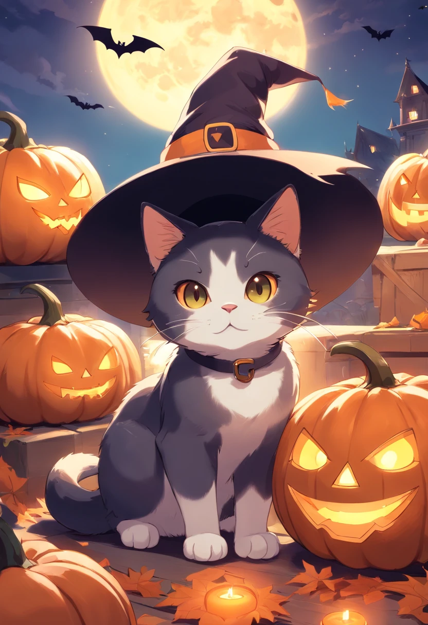 An English shorthair cat wearing a witch's hat, It has a short tail, pumpkins, Halloween, the bats