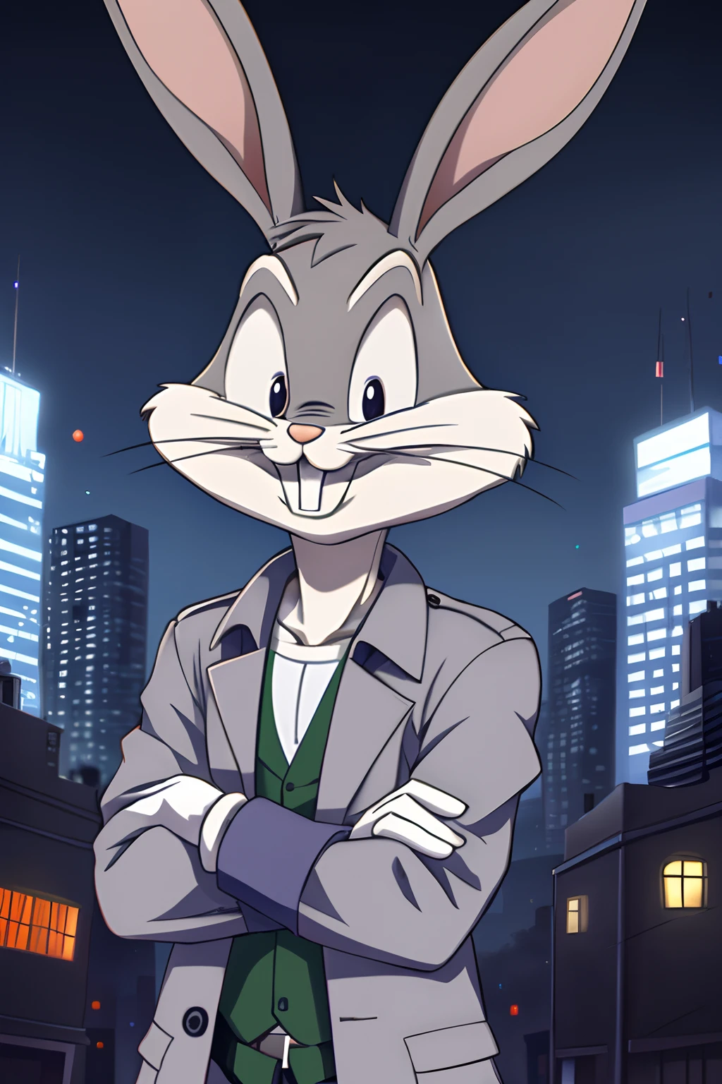 gloves, male, solo, bugs bunny, rabbit, buckteeth, city,night, long ears, grey body, grey fur, white fur,furry,anime style, anime screencap, 2010s_\(style\), grin, forest, upper body, trench coat,