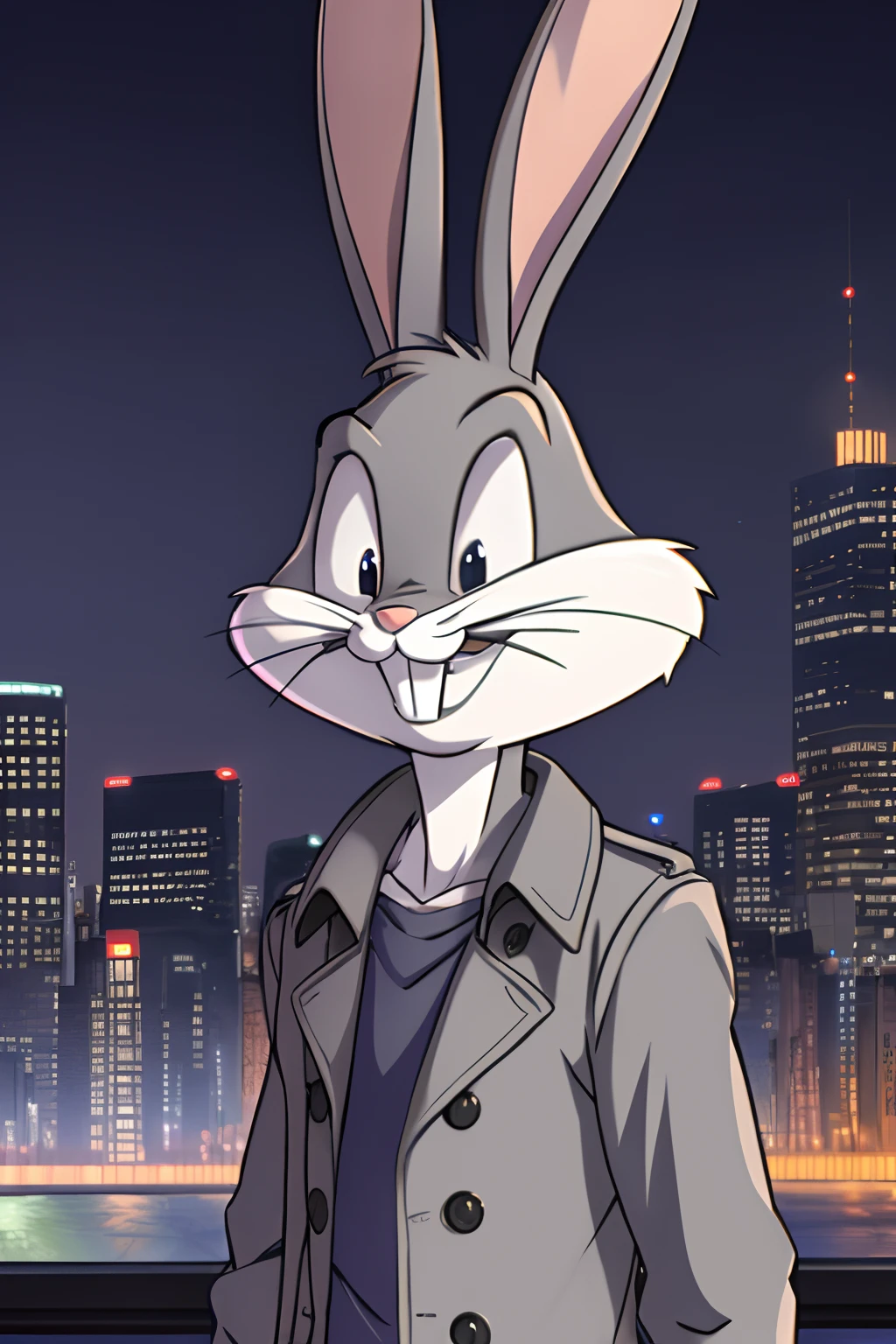 gloves, male, solo, bugs bunny, rabbit, buckteeth, city,night, long ears, grey body, grey fur, white fur,furry,anime style, anime screencap, 2010s_\(style\), grin, forest, upper body, trench coat,