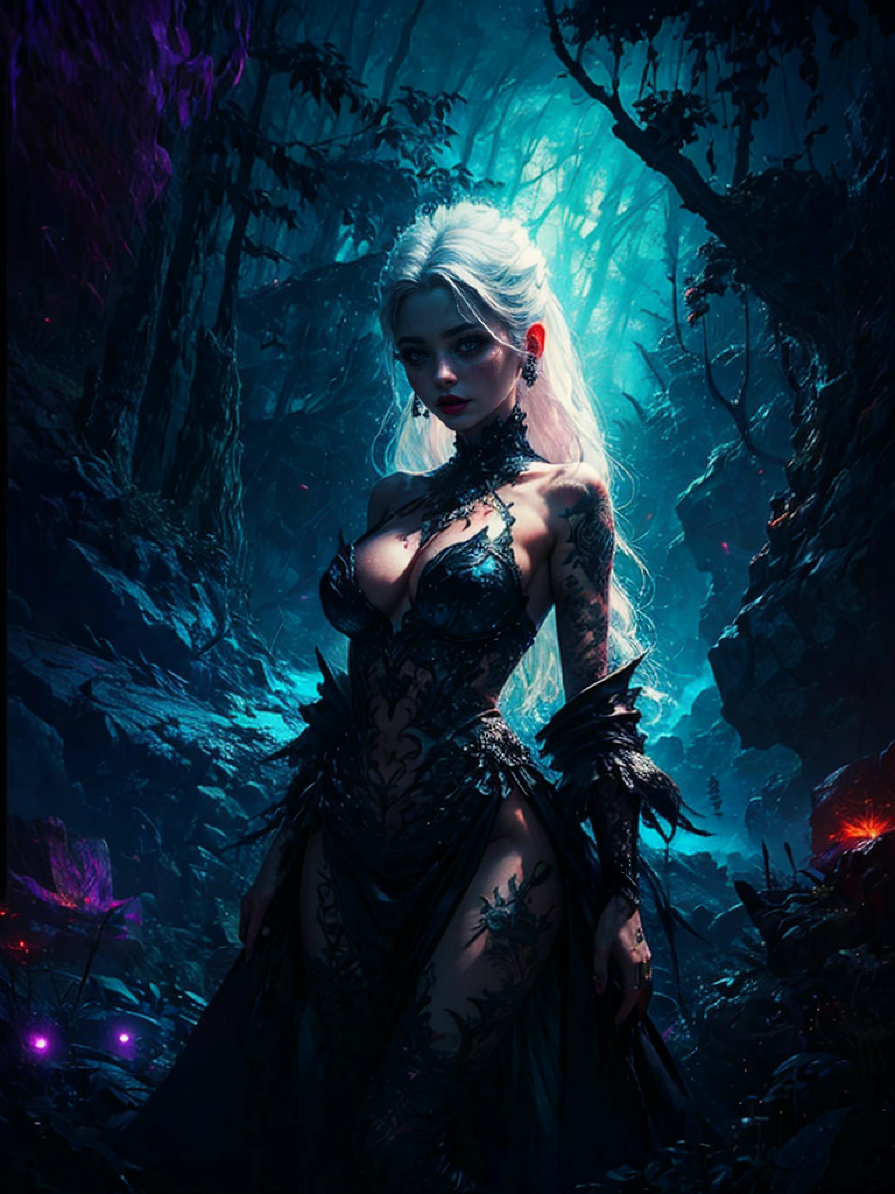 extreme dark forest in background, colorful. sinister, Aurora, mythical and magical, erotic pose, pore white hair, small tits, big eyes, body covered with tattoo, red lips, erotic, dark light, black dress ,glowing