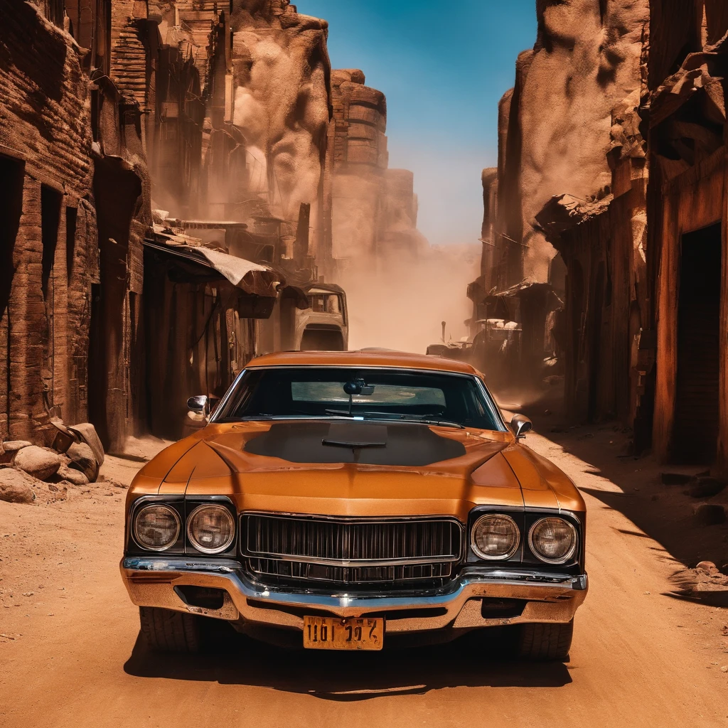 Mad Max Fury street scene in the style of Ridley Scott, cinematic look, grain of film , James Bond