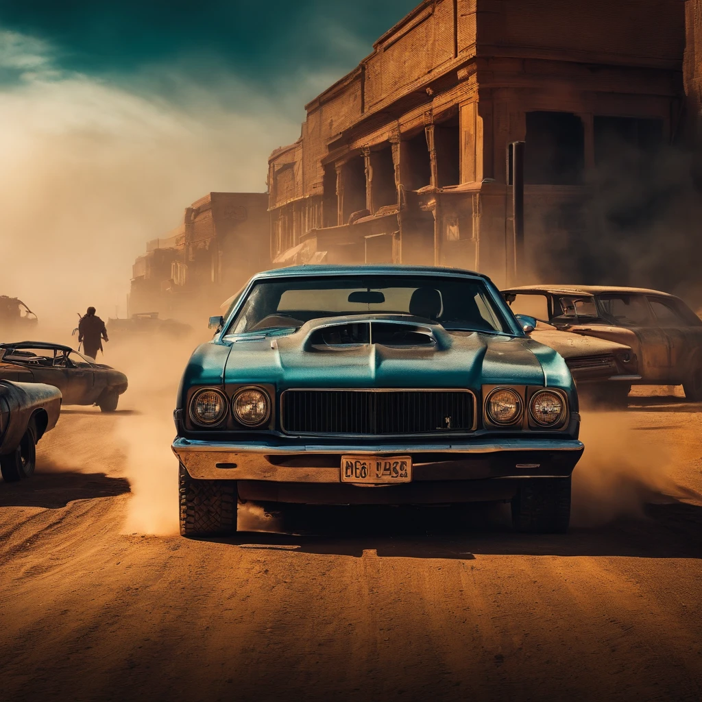 Mad Max Fury street scene in the style of Ridley Scott, cinematic look, grain of film , James Bond