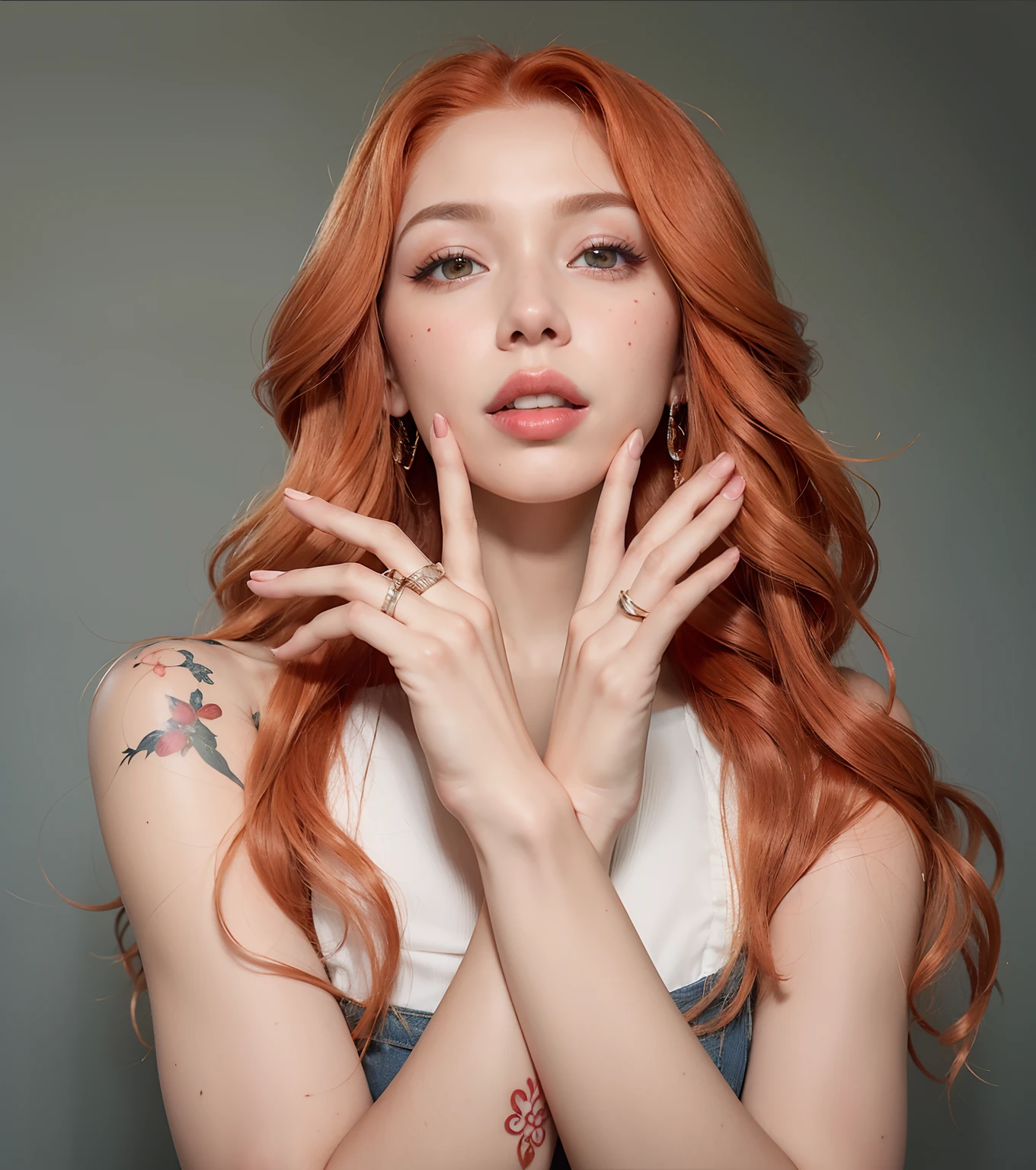 arafed woman with red hair and piercings posing for a picture, ginger wavy hair, hands retouched, flowing ginger hair, photo of a hand jewellery model, katherine mcnamara inspired, red hair and attractive features, coral brown hair, curly copper colored hair, blonde and auburn two toned hair, long loose red hair, cindy avelino, copper hair, album art