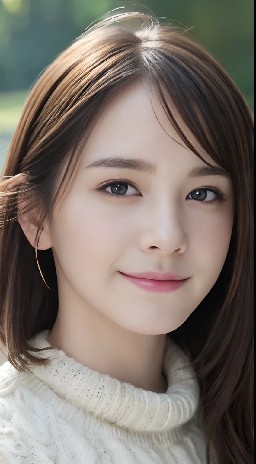 (A hyper-realistic), (hight resolution), (8K), (ighly detailed),  (beatiful detailed eyes), (top-quality), (ultra-detailliert), (​masterpiece), (A detailed face), softfocus、face of emma watson、Colossal tits、japanes、a park、Petting a dog、Petting a cute puppy、A smile、wearing sweater