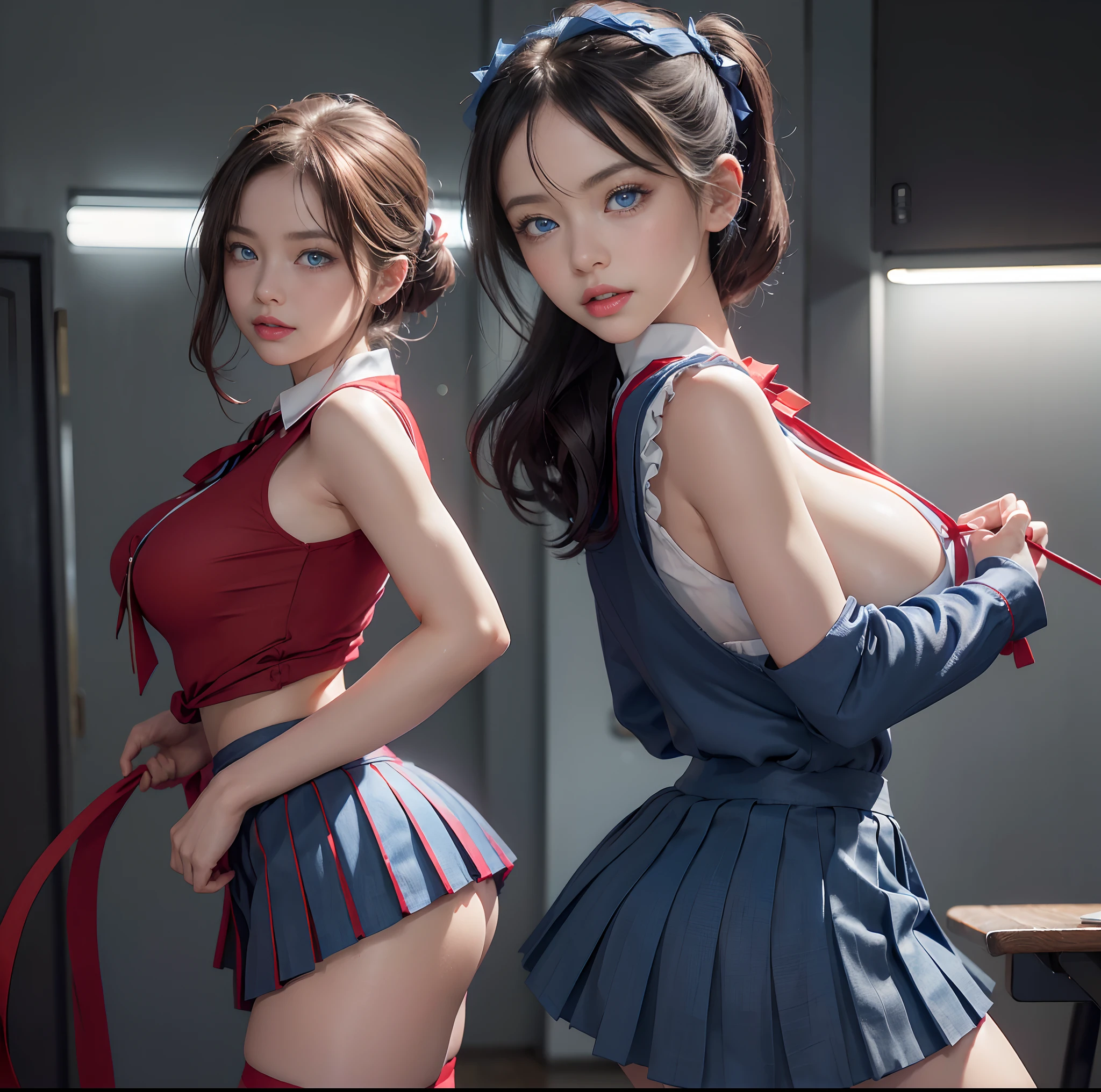 top-quality, masterpiece, (Professional lighting without shadows), A hyper-realistic, Bewitching, perfect anatomia, Two girls, (Proudly stand in front of the camera、Girl showing off ribbon tie, Another girl on the other side、Bend over and stick your butt out towards the camera), ( Huge breasts:1.2), Bright and even whitening skin without wrinkles and steps, (Bright beautiful blue eyes with long eyelashes and red tear bags reflected light:1.3)、 Braided half-up hair with bangs, (Her outfit dresses up a cramped schoolgirl uniform that fits the body very short with ultra mini pleated skirt length:1.3), (Proudly showing off a crimson ribbon tie from the front), (Another girl on the other side、To beautifully emphasize the proud ultra mini pleated skirt、Showing off a pose with the buttocks exposed from directly behind:1.2), (Beautiful face squinting in dazzling light), (ssmile), ishiharasatomi
