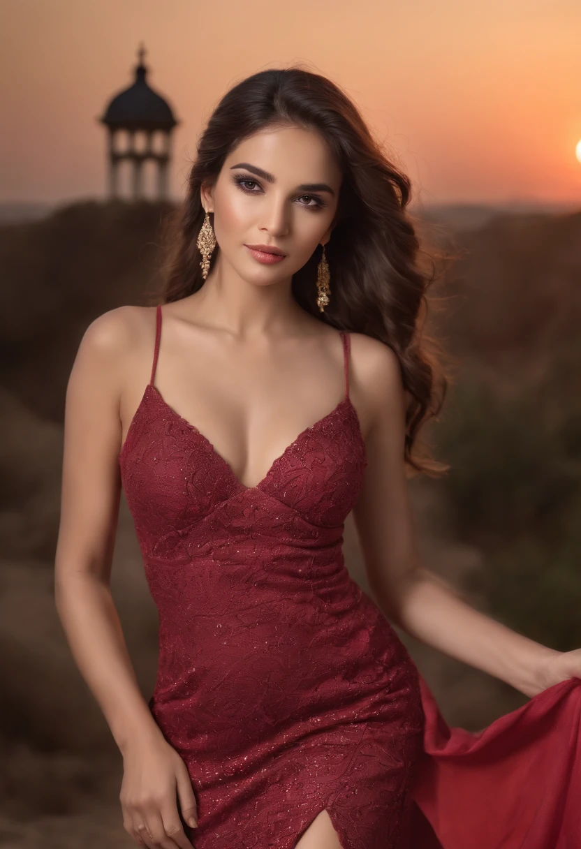 Red Evening Dress (Beautiful Maghreb) combed hair, legs spread (thick) (corps entier: 1.3), silhouette sexy, (Masterpiece) (dark complexion), (Best quality) (Detailed) (8k) (Hdr) (wallpaper), (Studio lighting) (mise au point nette), (complexe) Face camera