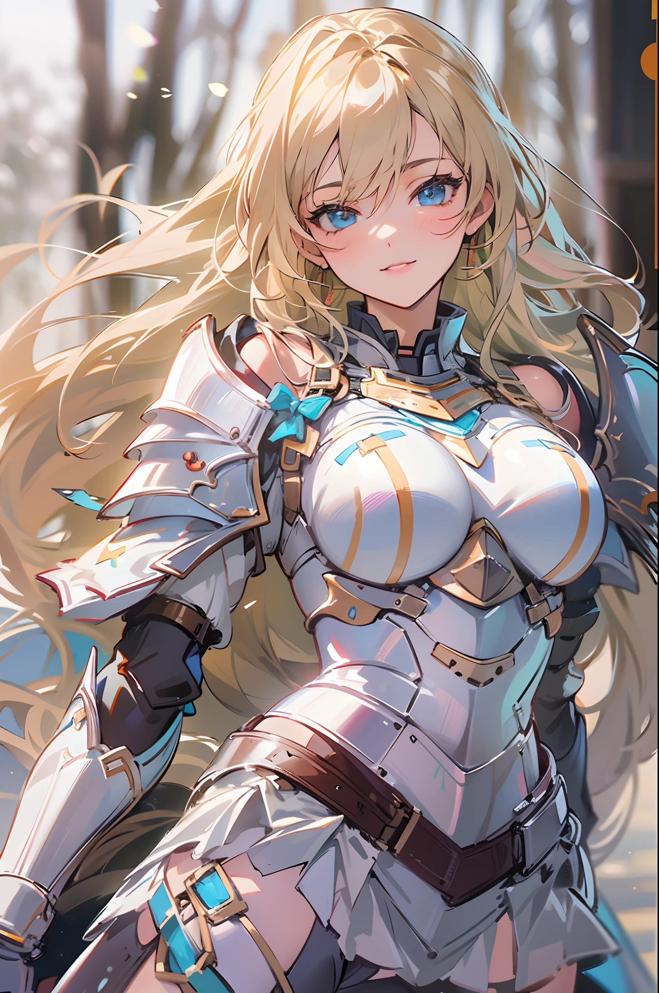 ((highest quality)), ((masterpiece)), ((hyperrealistic)), (detailed background), solo, 1girl, ((curvy: 1.2)), kawaii, gentle smile, ((Princess Knight)), langrisser, blonde braided long hair, ((white leotard: 1.5)), (white paladin armor: 1.3), ((ArmoredDress)), ((Tight-fitting leotard bodysuit)),((Wielding sword: 1.2)), Holding a Sword, swing down the Sword, Sword at the ready, hold the handle of a Sword, ((large breasts)), ((arm guard gauntlet)), leather long gloves, ((zettai ryouiki thigh boots)), (big butt), (cleavage cutout), (Groin), (thigh), beautiful aqua eyes, droopy eyes, parted bangs, perfect face, Perfect hands, perfect fingers, Blue sky and grassland,